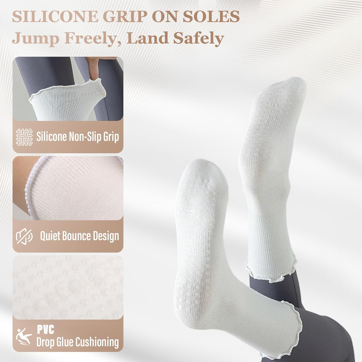 Fiohiros Pilates Yoga Socks with Grips for Women,Elegant Ruffle Frilly Pilates Socks,Non Slip Socks for Sport Ballet Dance - 4, 4 White image number 4