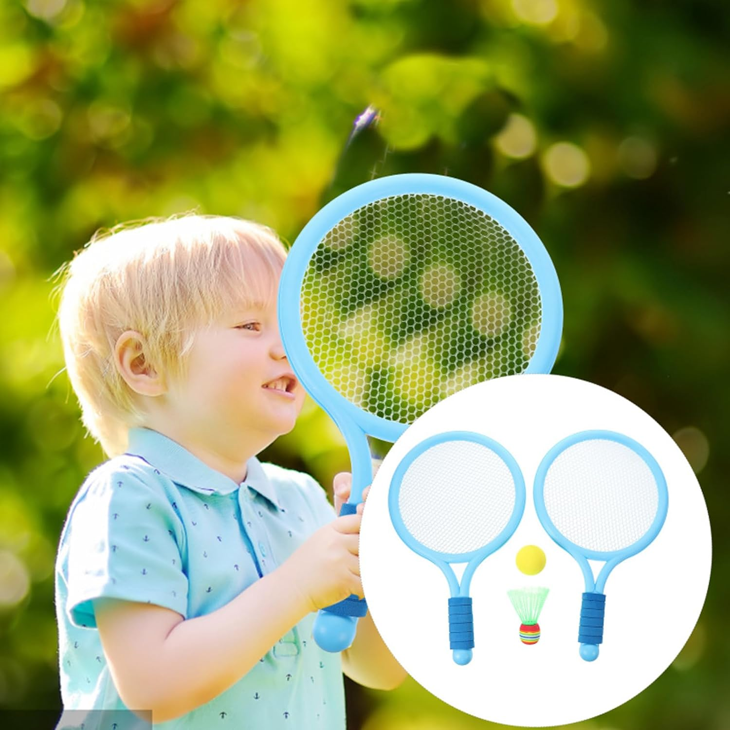 Kids Tennis Racket Set with Ball,16 Inch Plastic Tennis Racket with 4 Tennis Balls and 4 Shuttlecocks for Kid, Beach Kindergarten Baby Parent Child Interactive Toys, Outdoor/Indoor Sport Play(Blue) image number 5