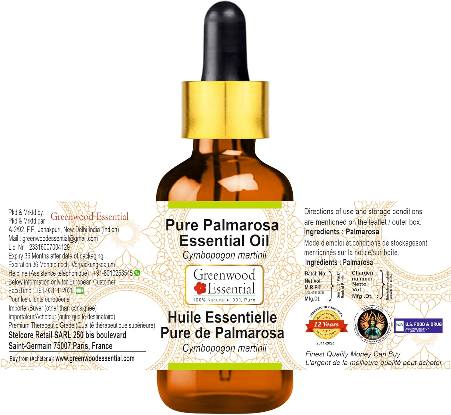Greenwood Essential Pure Palmarosa Essential Oil (Cymbopogon Martinii) with Glass Dropper Steam Distilled for Personal Care 100Ml (3.38Oz) image number 5