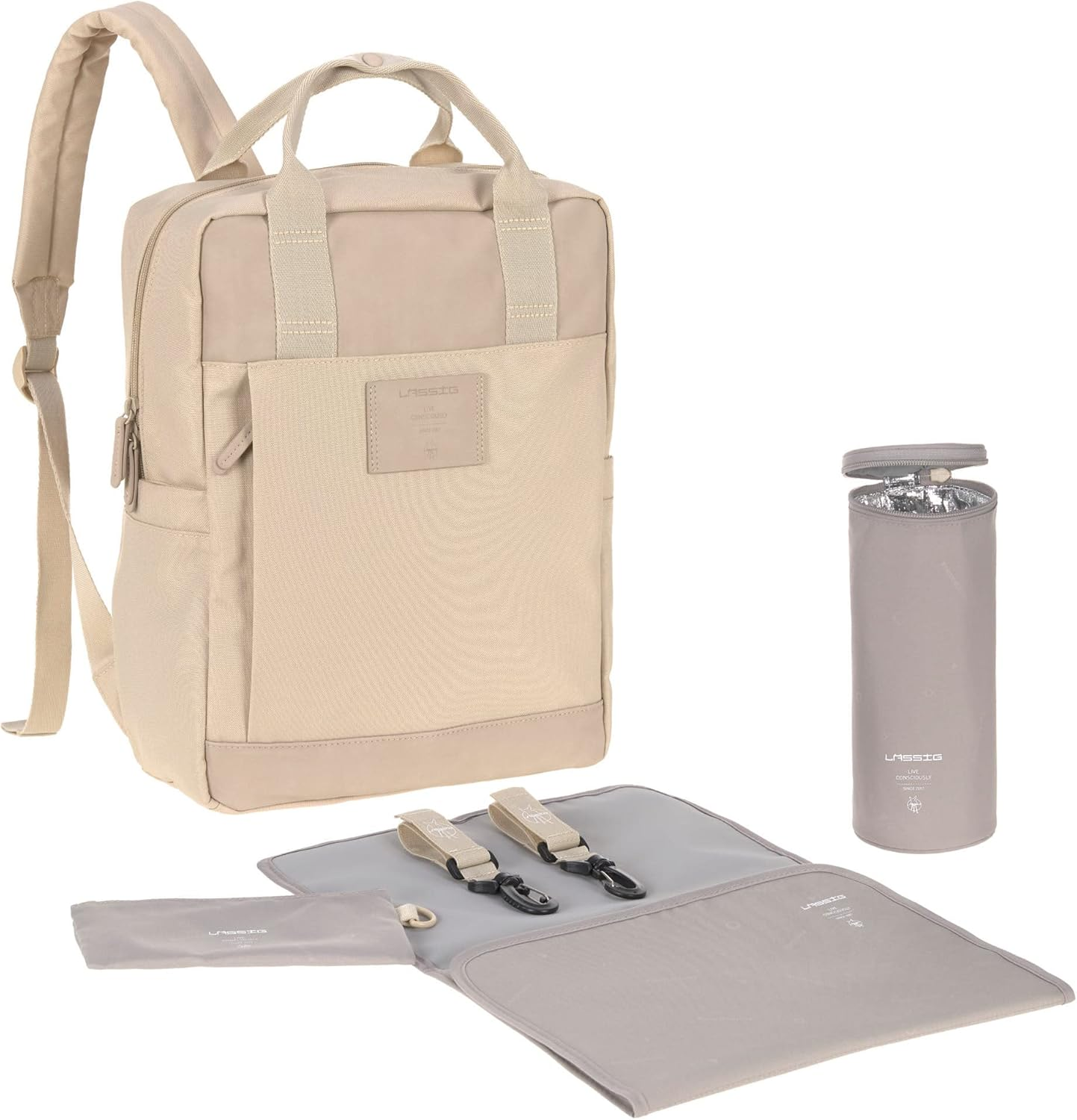 L&Auml;SSIG GRE Vividal Almond Baby Changing Backpack with Changing Mat, Pram Attachment, Bottle Holder Sustainably Produced image number 1