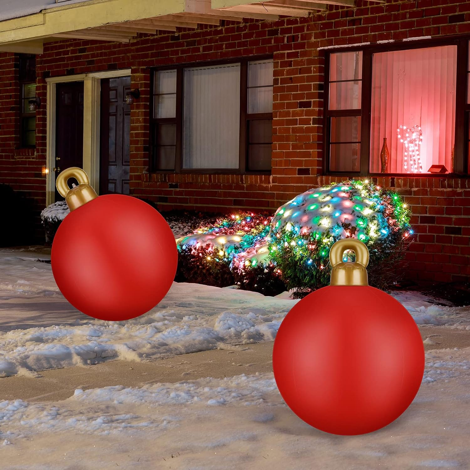 2 Pieces 32 Inch Giant PVC Inflatable Christmas Decorated Ball Ornaments Outdoor Large Xmas Blow Ball Decorations for Christmas Themed Party Ornaments(Solid,Red) image number 2