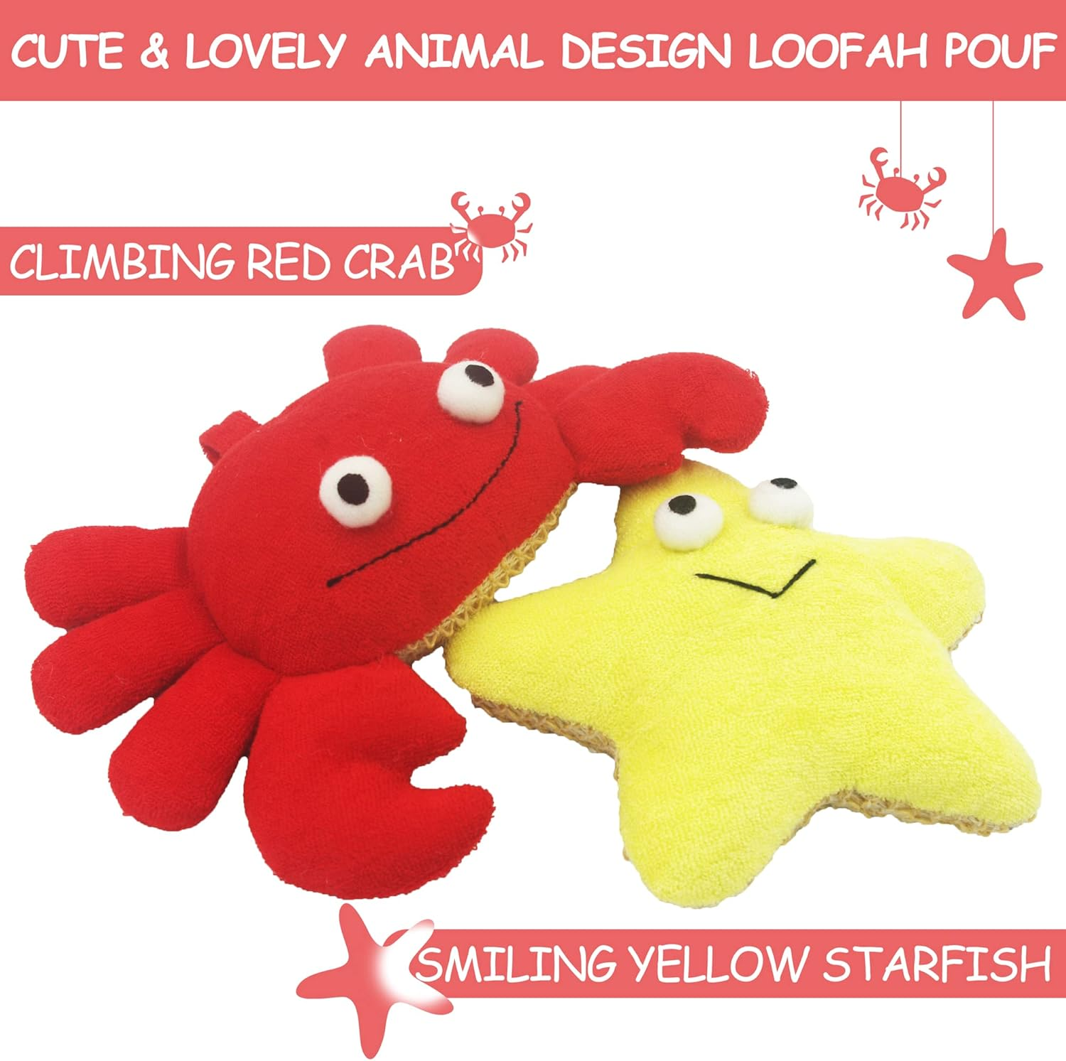 Bleu Bath (2 Pack) Animal Body Scrubber Natural Linen Shower Ball for Toddler Kids Gentle Exfoliating Bath Sponge Loofah Pouf in Yellow Starfish Red Crab with Cute Big Eyes Design image number 5