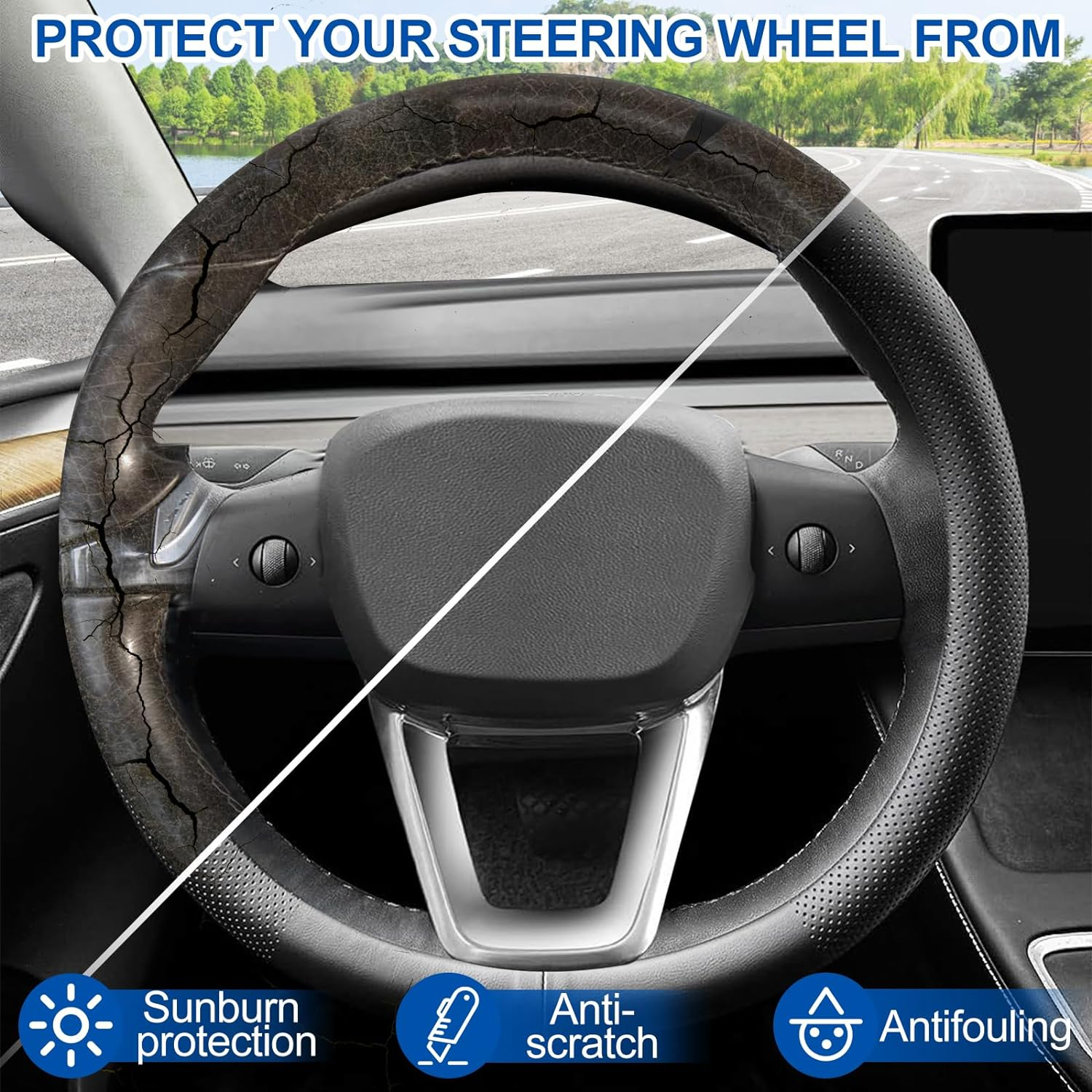 Car Steering Wheel Cover for Tesla Model 3 Highland 2025 2024 2023-2020/Model Y Juniper 2025 2024~2017, Non-Slip, Thin, Breathable, Odor-Free, Nappa Leather Full Surround Steering Wheel Covers image number 3