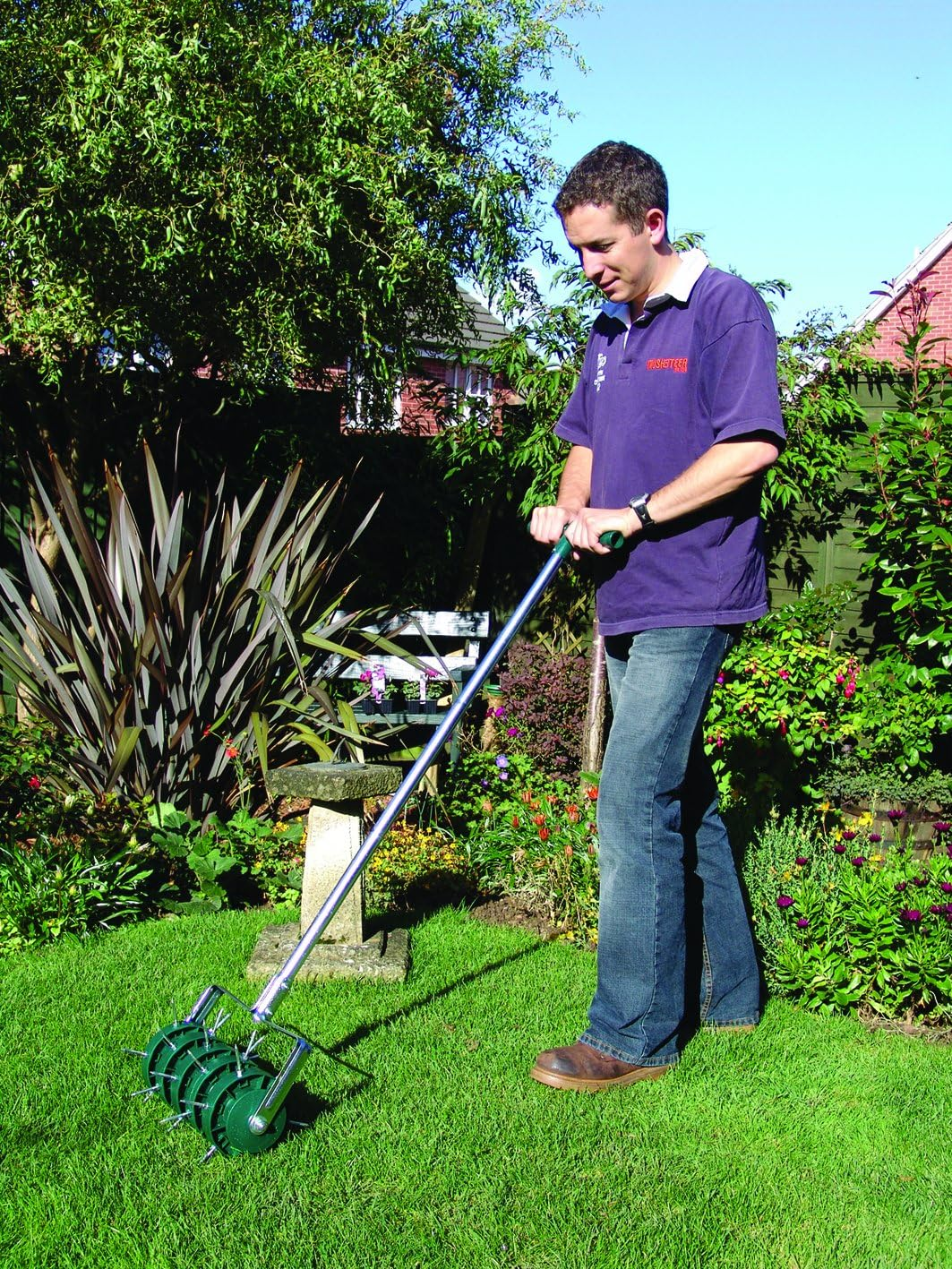 Greenkey Rolling Lawn Aerator, Manual 300Mm Spiked Roller, Green, Mixed Materials, Compact Style image number 4