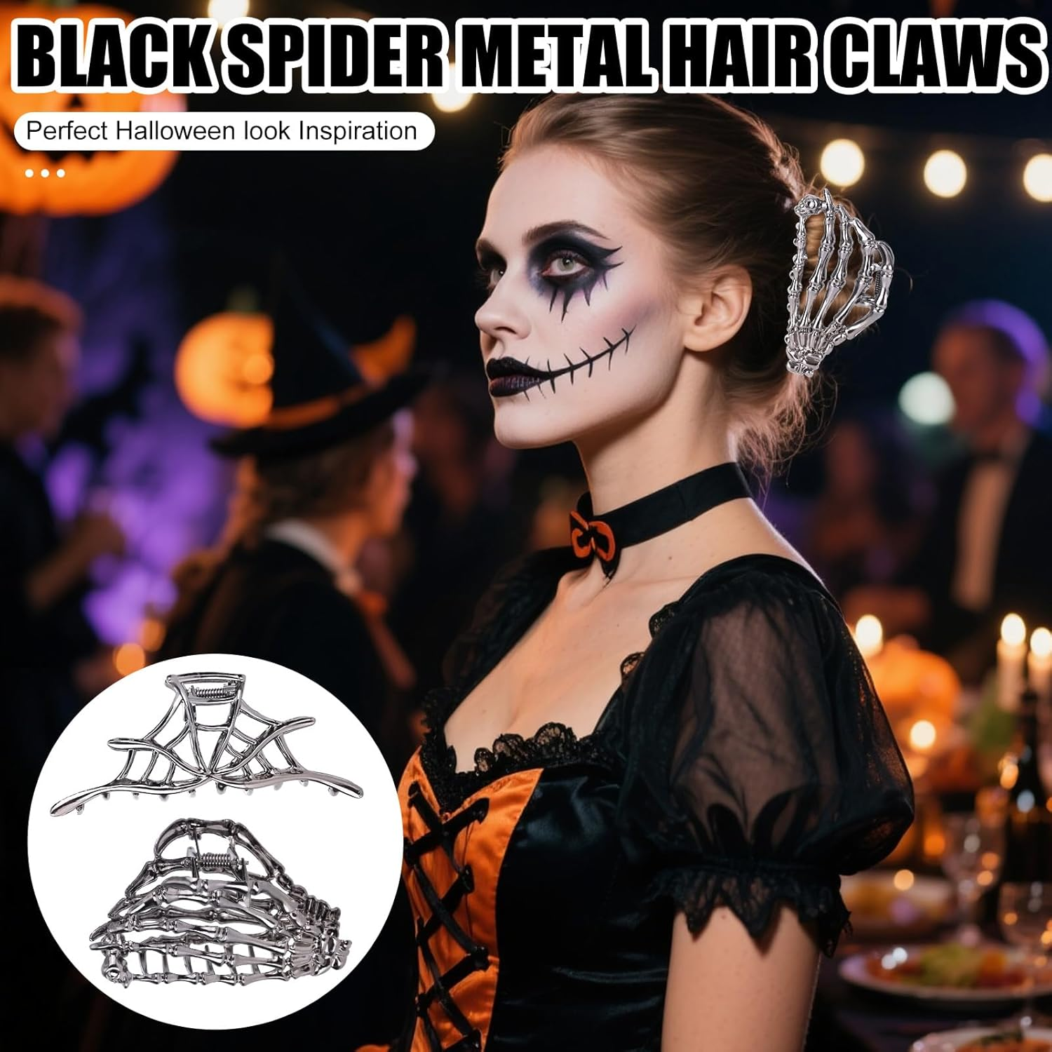 3 Pcs Halloween Hair Claw Clips for Women & Girls, Gothic Metal Hair Accessories with Hollow Design Spider Web Skeleton Hand Spider Claw Clips for Halloween Party Cosplay image number 1