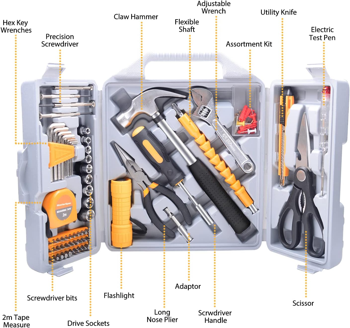 100Pcs Household Hand Tool Set Utility Kit Hammer Plier Scissor Knife Screwdriver image number 6