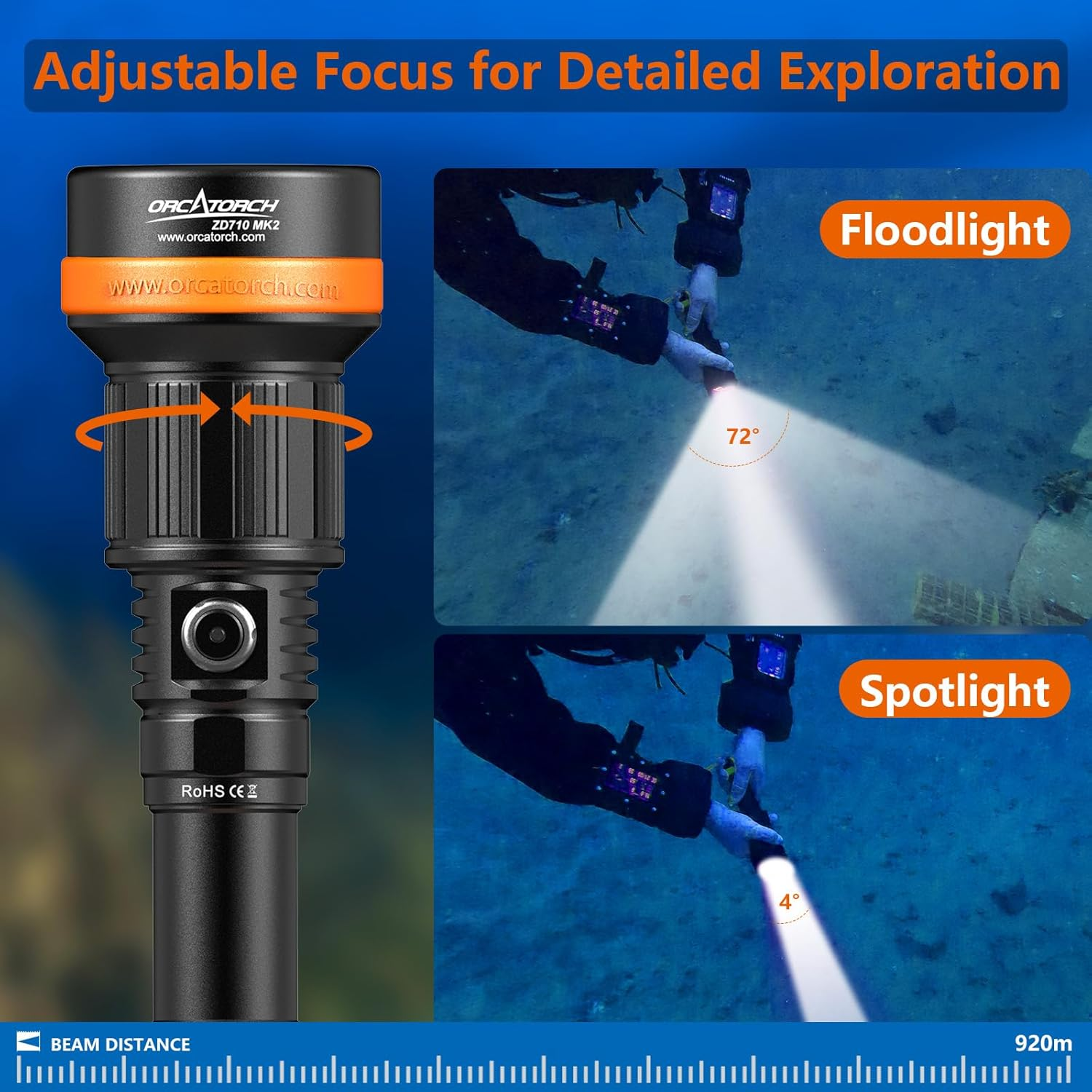ORCATORCH ZD710 MK2 Zoomable Dive Light 212500Cd Intensity Scuba Diving Flashlight with 4 Modes, 2-In-1 Spotlight & Floodlight, IP68 Waterproof Night Dive Torch for 150 Meters under Water Sports image number 5