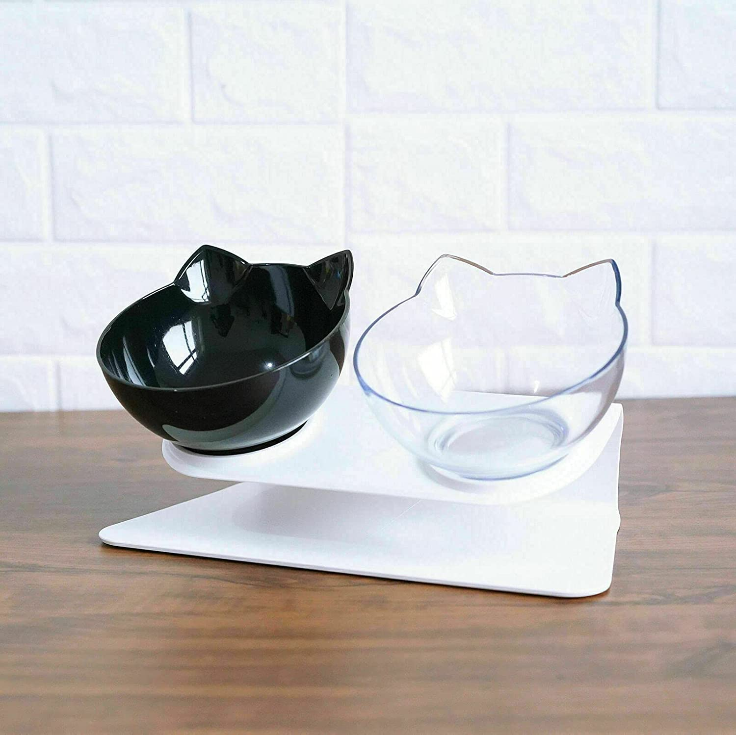 Double Elevated Cat Dog Pet Bowl Feeder Food Water Raised Lifted Stand Bowls Clear+ Black image number 5