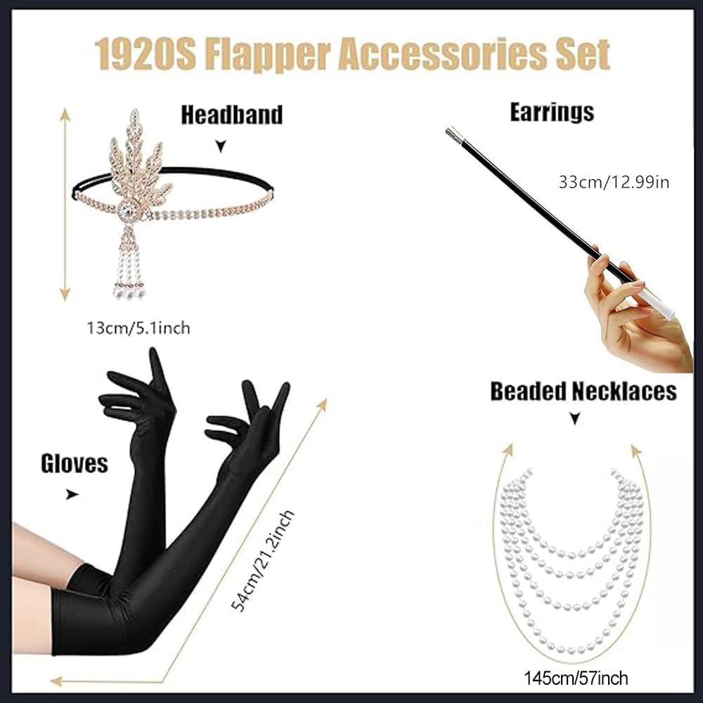 Wzenclave 1920S Gatsby Accessories Set for Women Flapper Costume 5PCS Roaring 20S Flapper Headband Pearl Necklace Gloves Plastic Holder Costume Harlem Nights Accessories Set for Women image number 4
