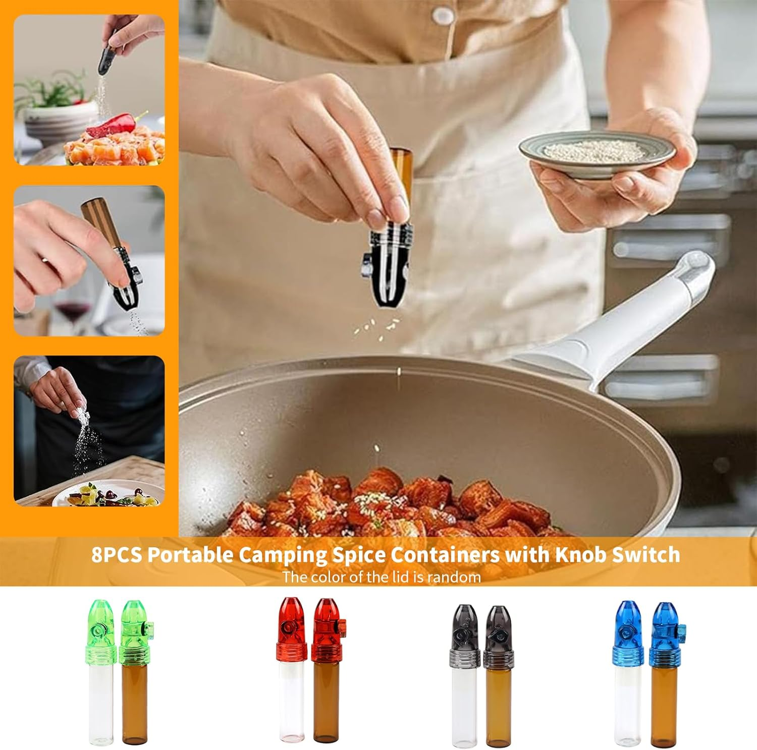 Portable Camping Spice Containers with Knob Switch, Environmentally Refillable Spices Dispensers, Salt Pepper Shaker Spice Storage Bottles for Outdoor Activities Traveling Cooking (4 White+4 Brown) image number 5
