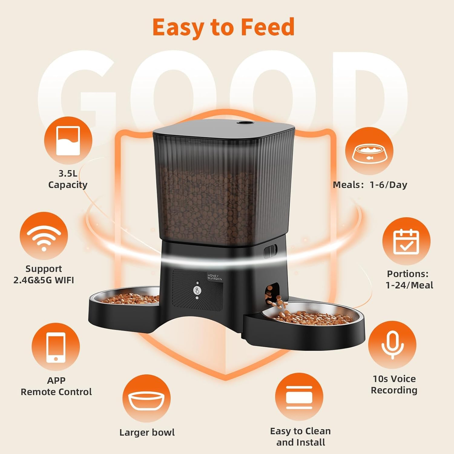 HONEYGUARDIAN Cat Automatic Feeder 2 Bowls, 5G/2.4G Wifi Intelligent Automatic Feeder for Cats and Dogs (3.5L)