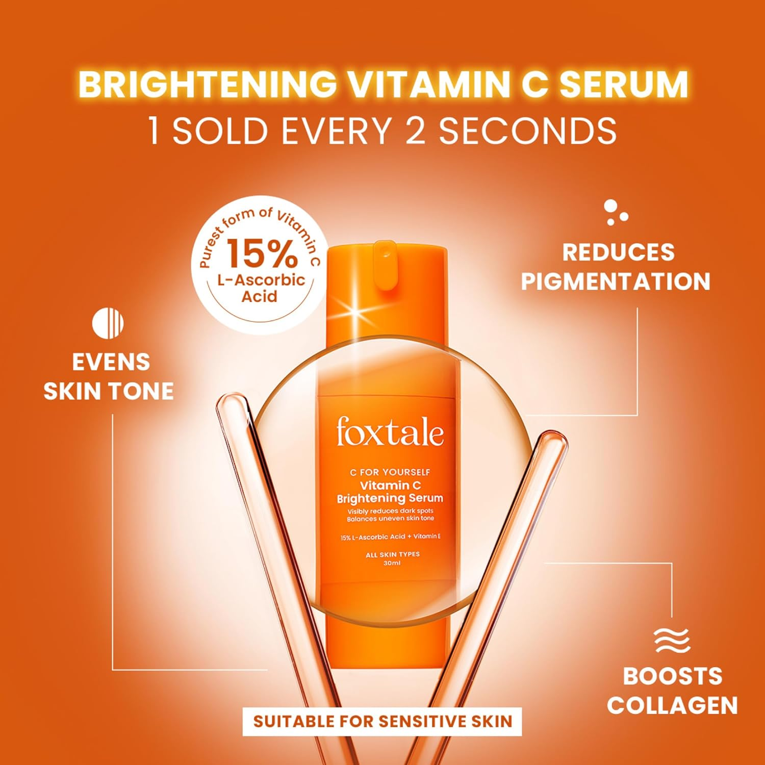 Foxtale 15% Vitamin C Face Serum for Glowing Skin | Purest Vitamin C (L-Ascorbic Acid) with Vitamin E | Moisturizing Serum for Sensitive Skin | All Skin Types | Face Serum for Men & Women | 30 Ml image number 5