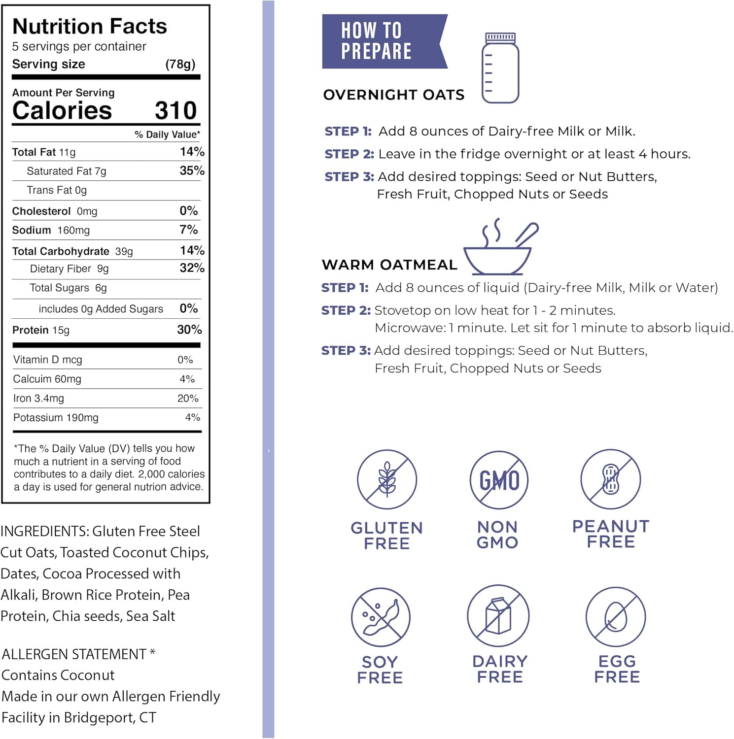 Amrita Chocolate Coconut Overnight Protein Oats (14Oz) | High Fiber, No Added Sugar Oatmeal, Breakfast Cereal, Protein Shakes, Healthy Snacks | Old Fashioned Rolled Oats | Vegan, Non-Gmo, Gluten Free,