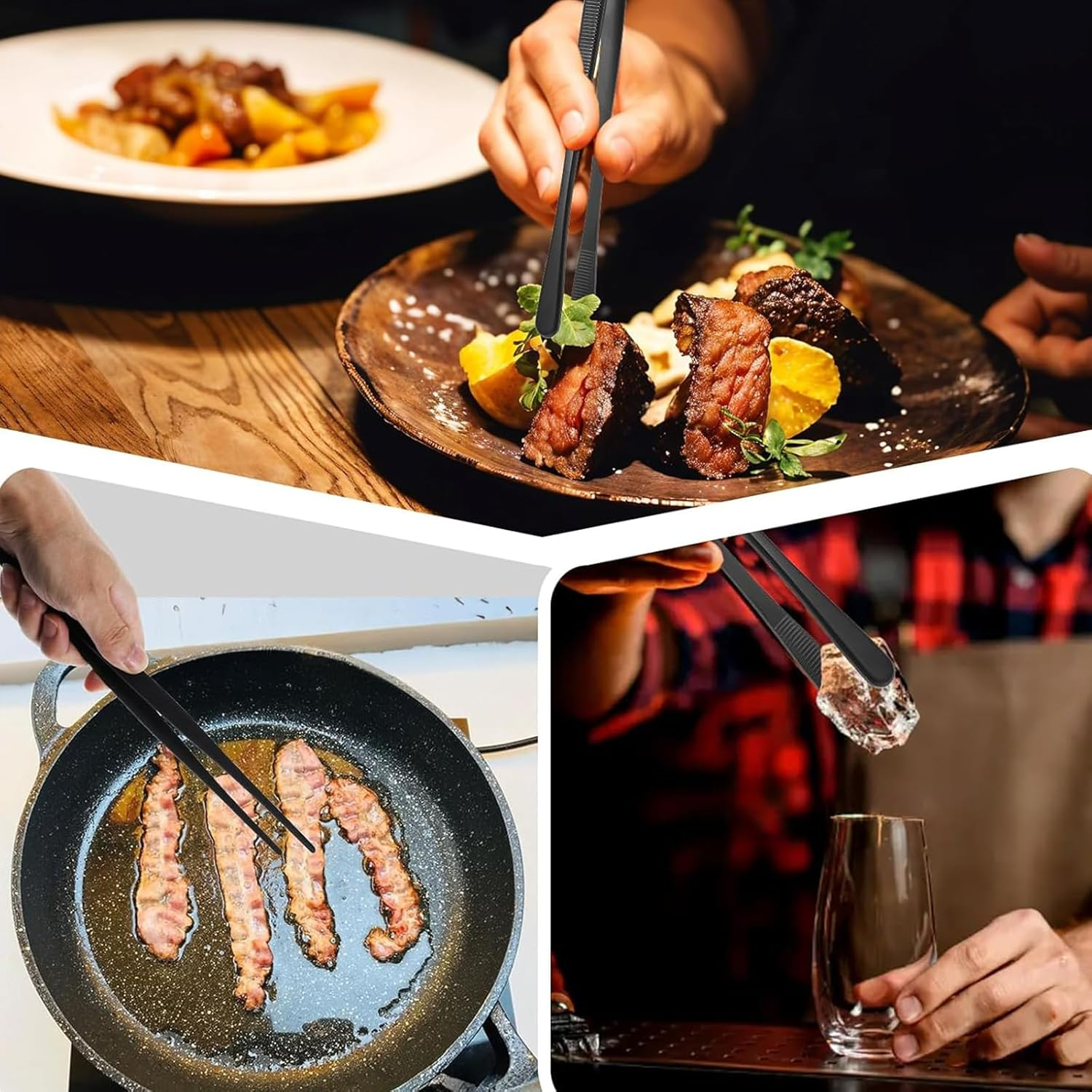 Rhoyee 4 PCS Black Stainless Steel Kitchen Tweezers Tongs Set &ndash; 10"& 12" Precision Cooking Tweezers with Serrated & Rounded Tips&ndash;Long Tweezer Tongs for BBQ, Food Plating, Seafood, Bartending & Repairs image number 3