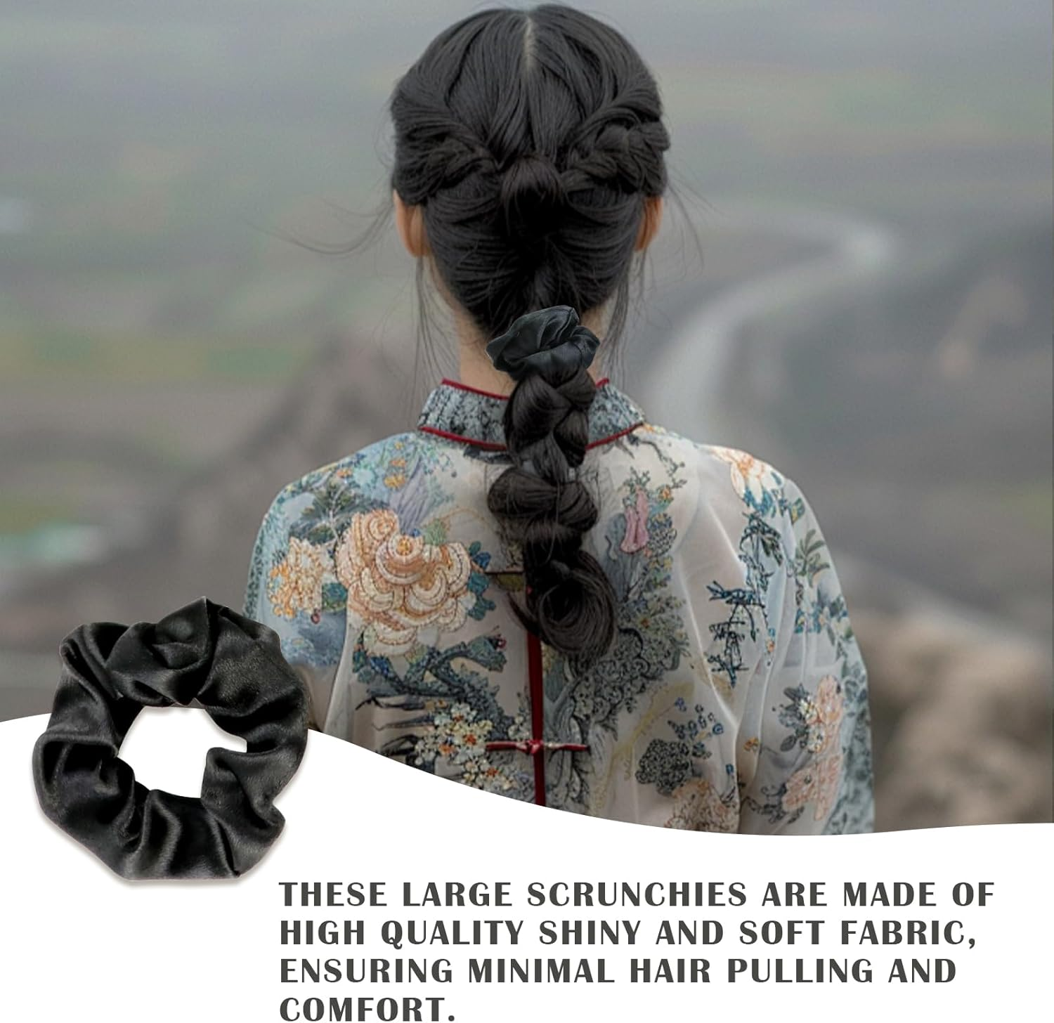FERCAISH Pack of 5 Satin Hair Bobbles, Scrunchies Silk, Large Velvet Hair Bobbles, Elastic Hair Bands, Thick Hair Scrunchies for Women and Girls (Black) image number 6
