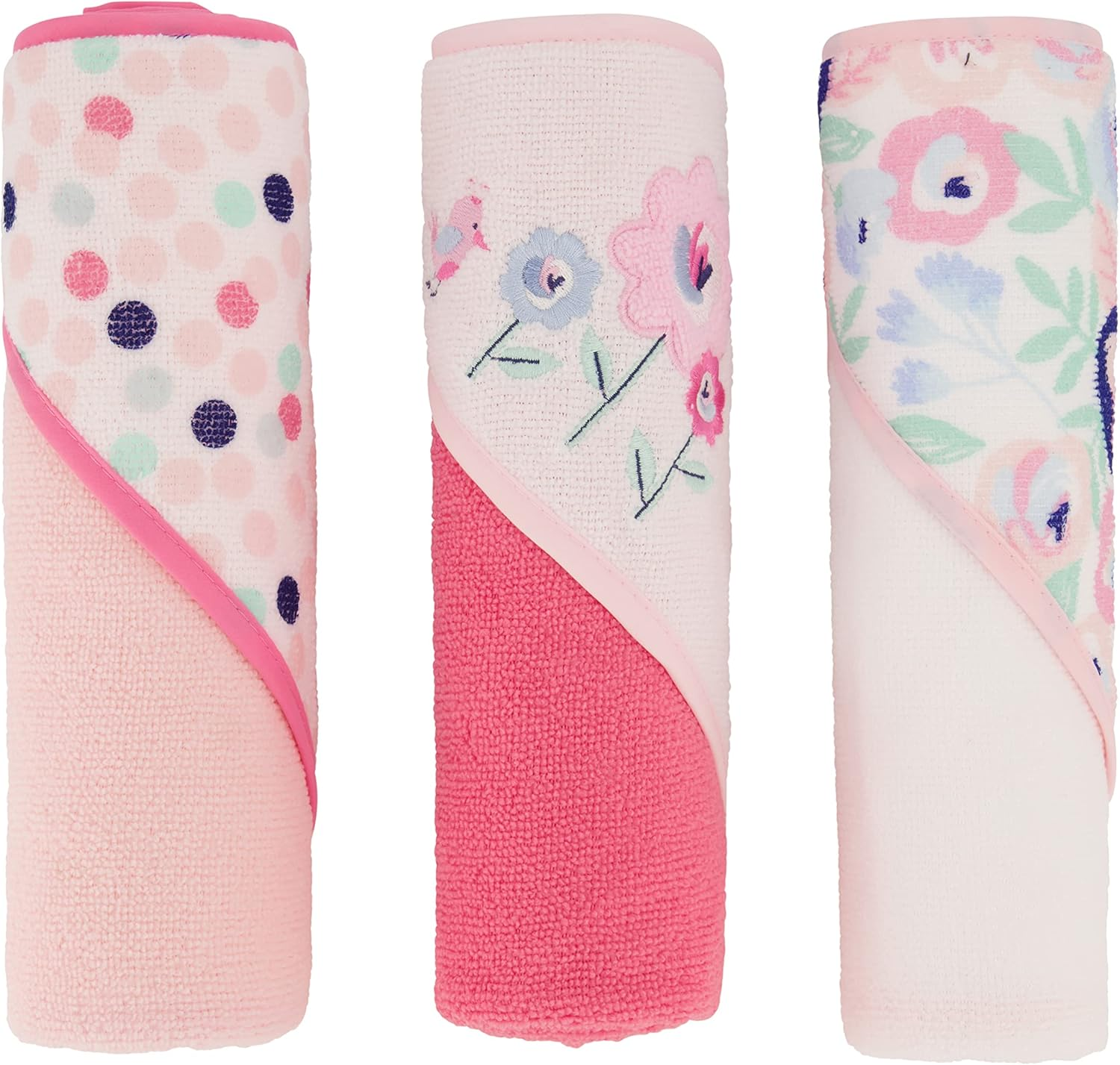 Cudlie Buttons & Stitches Baby Girl 3 Pack Rolled/Carded Hooded Towels in Blooming Elephant Print, GS71729