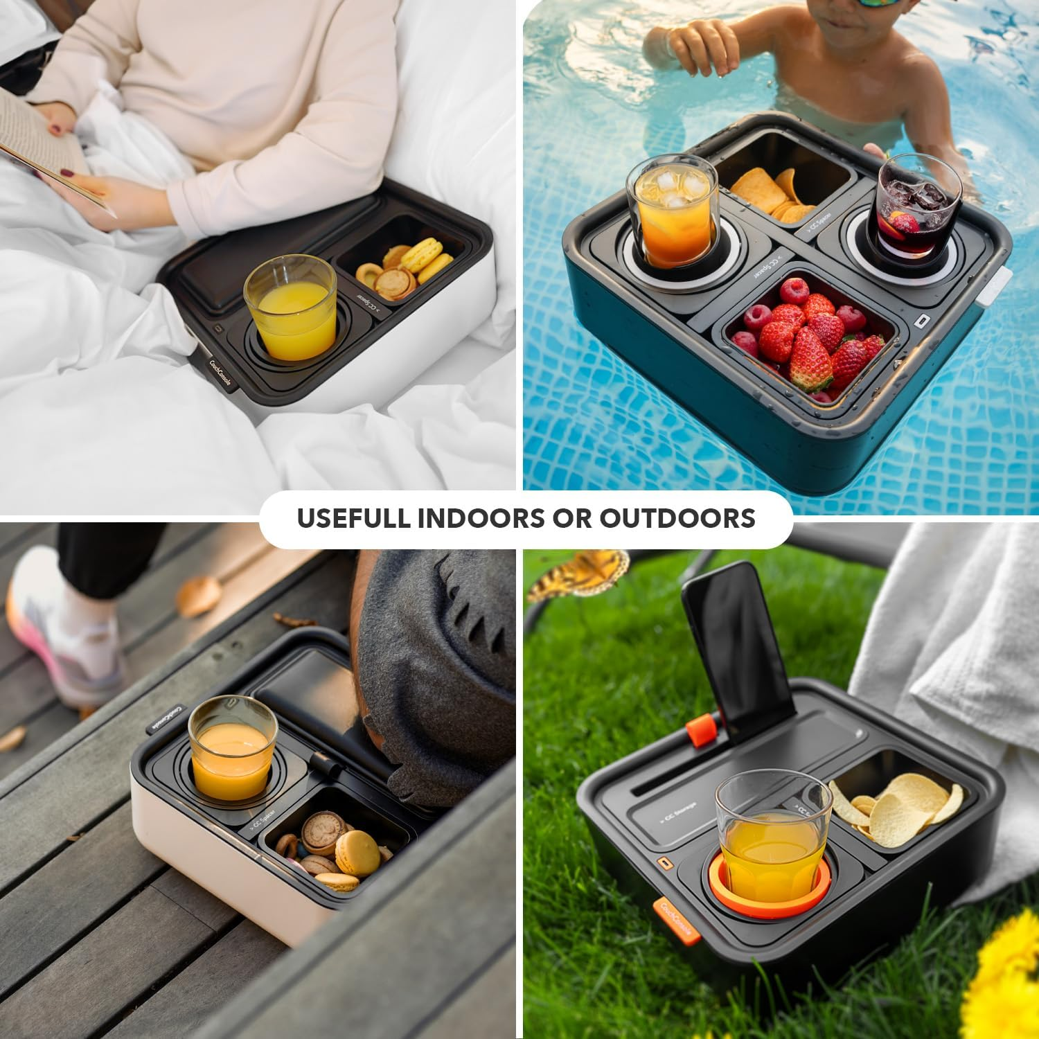 Couchconsole Original Tray - Drinks & Snacks Sofa Caddy with Armrest, Table with Phone Stand- TV Remote Control Storage and Organizer - for Living Rooms, RV, and Cars, Black/Orange