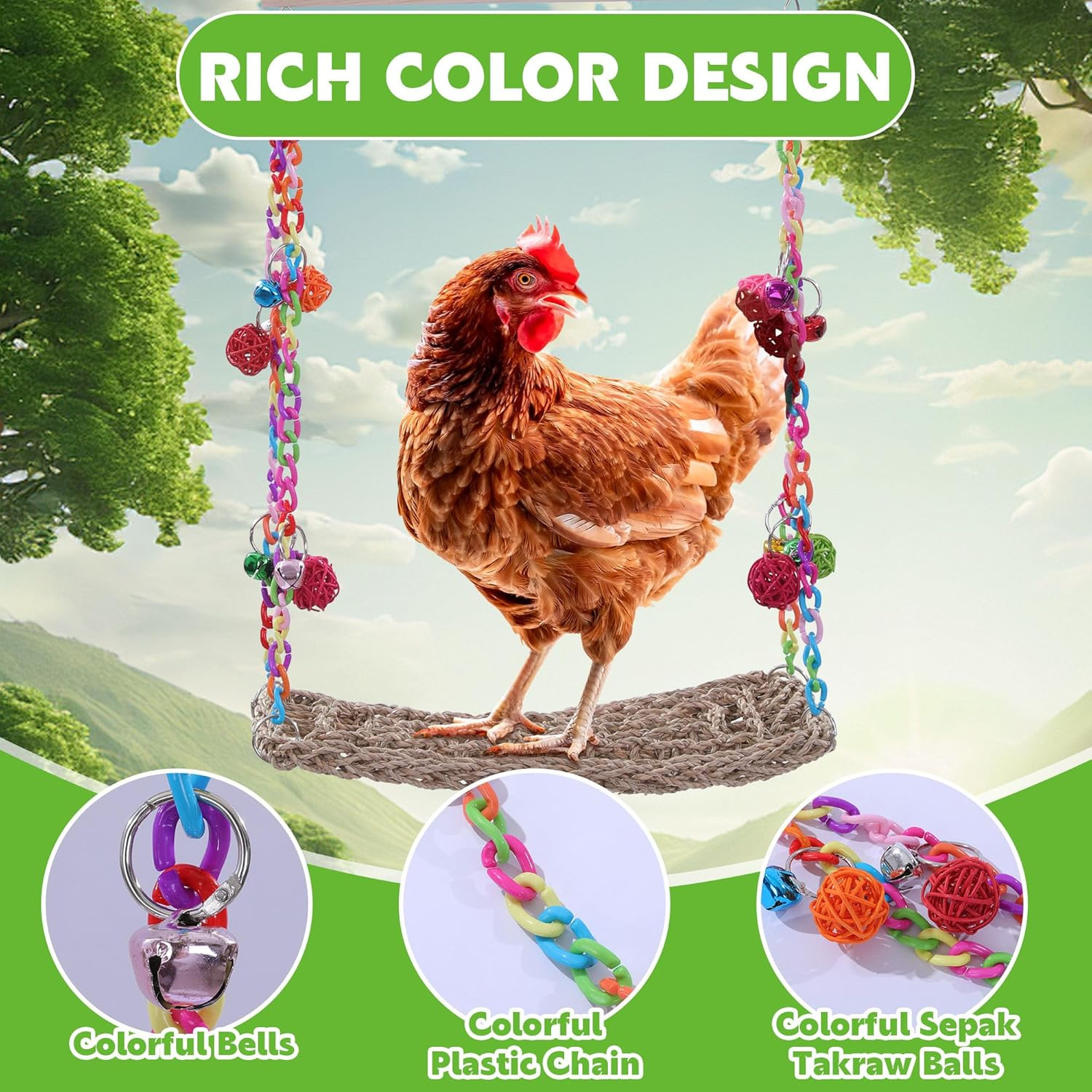 MABOZOO Chicken Swing Toy, Chicken Perch Seagrass Woven Hammock Swing Mat Climbing Hammock with Wood Perch Stand, Bird Swing Toy for Hens Chicken Bird Budgie image number 5
