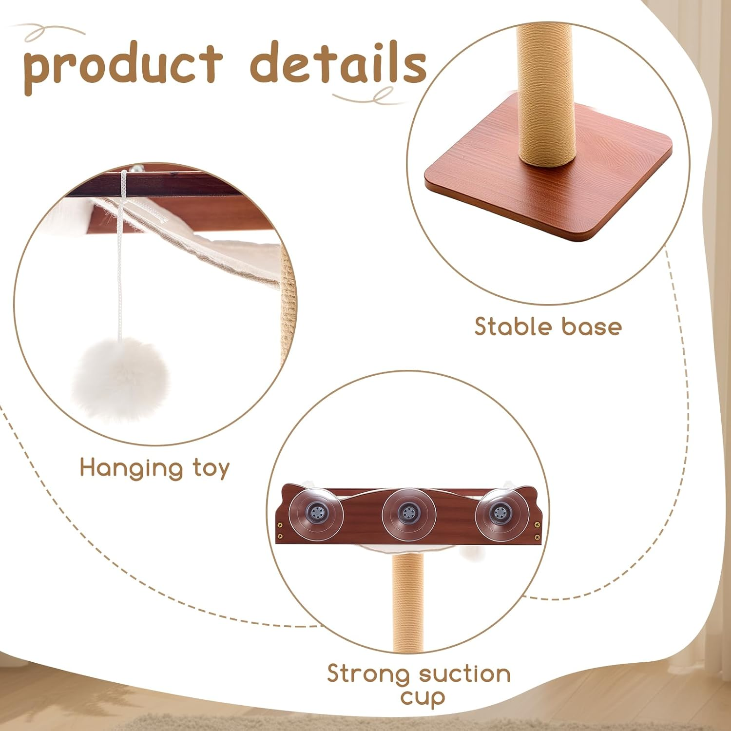 Sintuff Cat Window Perch with Scratching Post Climbing Tree Hammock Mounted with Suction Cups 46 Inch Tall Adjustable Narrow Cat Tree Climbing Pole for Playing Sleeping Watching Birds (Round) image number 6