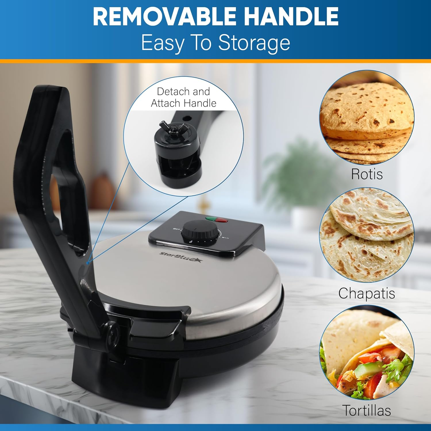 Starblue 25.4Cm Roti Maker Machine with Free Roti Heater and Removable Handle - Indian Chapati, Tortilla, Roti AC220-240V 50/60Hz 1200W, UK Plug with AU Adaptor