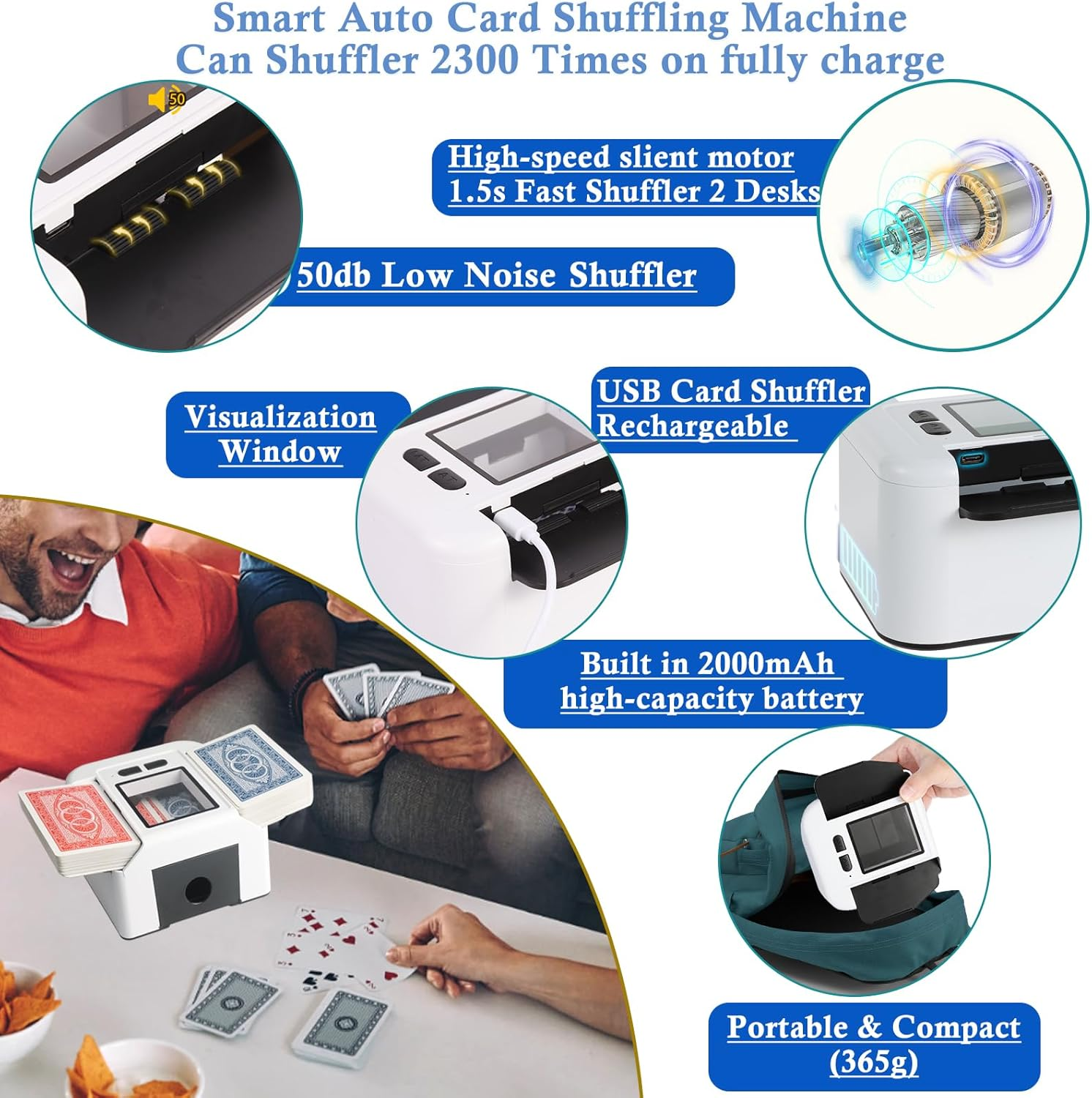 Buldoospok Quiet Automatic Card Shuffler 1-2 Deck, 2000 Mah USB-C Rechargeable Electronic Card Shuffler, One-Press AUTO and Manual Card Shuffle Machine for UNO Poker Blackjack Skip-Bo Phase 10 image number 2