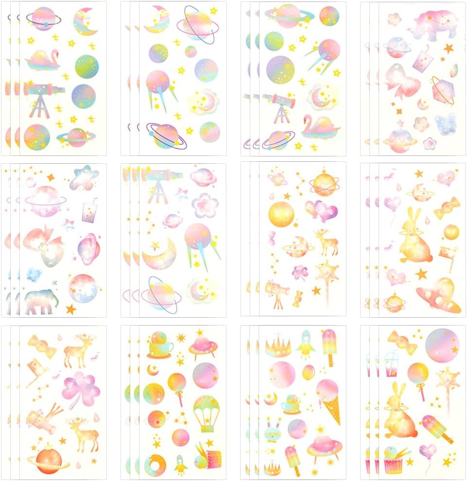 SOFPLATE 1 Box 36 Sheets Temporary Cartoon Tattoos Pastel Tattoo Stickers Bulk Pack Multicoloured Sweets Animals Astronomy Planets Stars Moon Cartoon Cute Decals for Scrapbooking DIY Crafts
