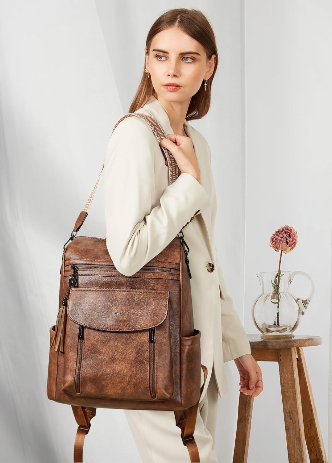 Shrrie Laptop Backpack for Women 15.6 Inch,Travel Leather Backpack Purse Nurse Teacher Carry on Backpack - Two-Tone Black image number 6