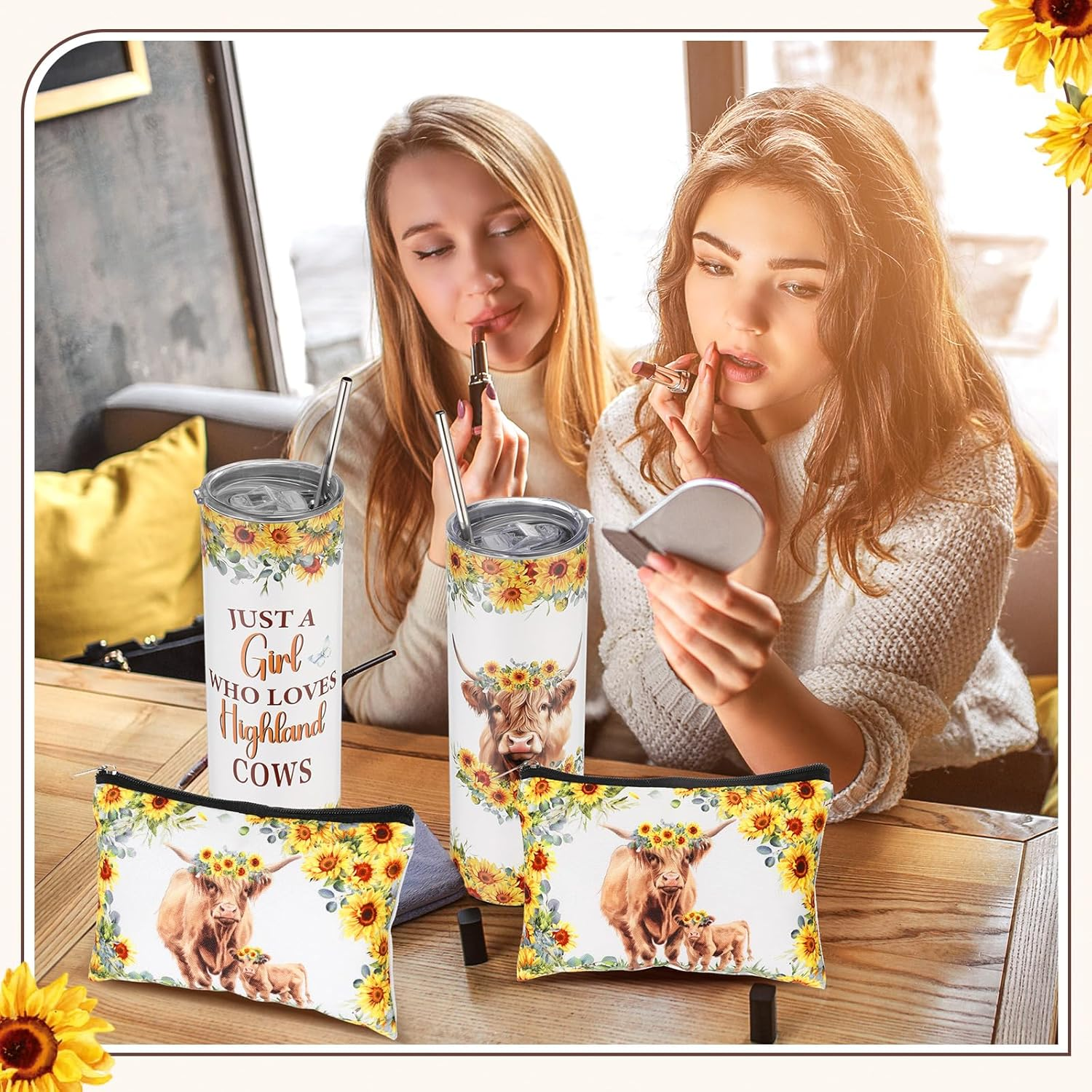 Abbylike 4 Pcs Highland Cow Animal Lover Gifts: Stainless Steel Tumbler with Straw Lid, Metal Keychain, Canvas Tote Bag, Cosmetic Bag for Christmas, Birthday image number 6