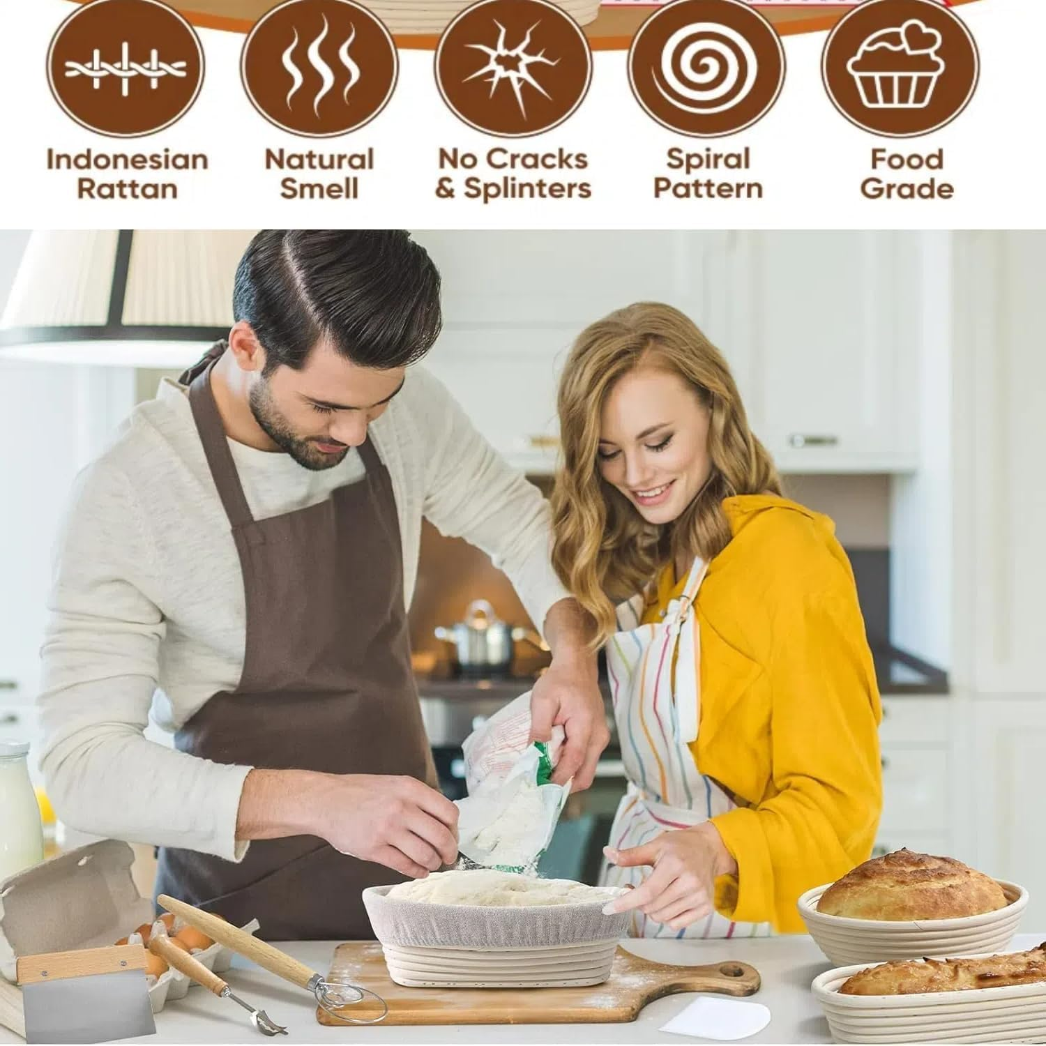 Banneton Basket Set, Complete Sourdough Baking Kit with 9'' round and 10'' Oval Proofing Bowls Bread Baskets, Sling, and Other Bread Making Supplies Tools - Ideal for Artisan Bread image number 5