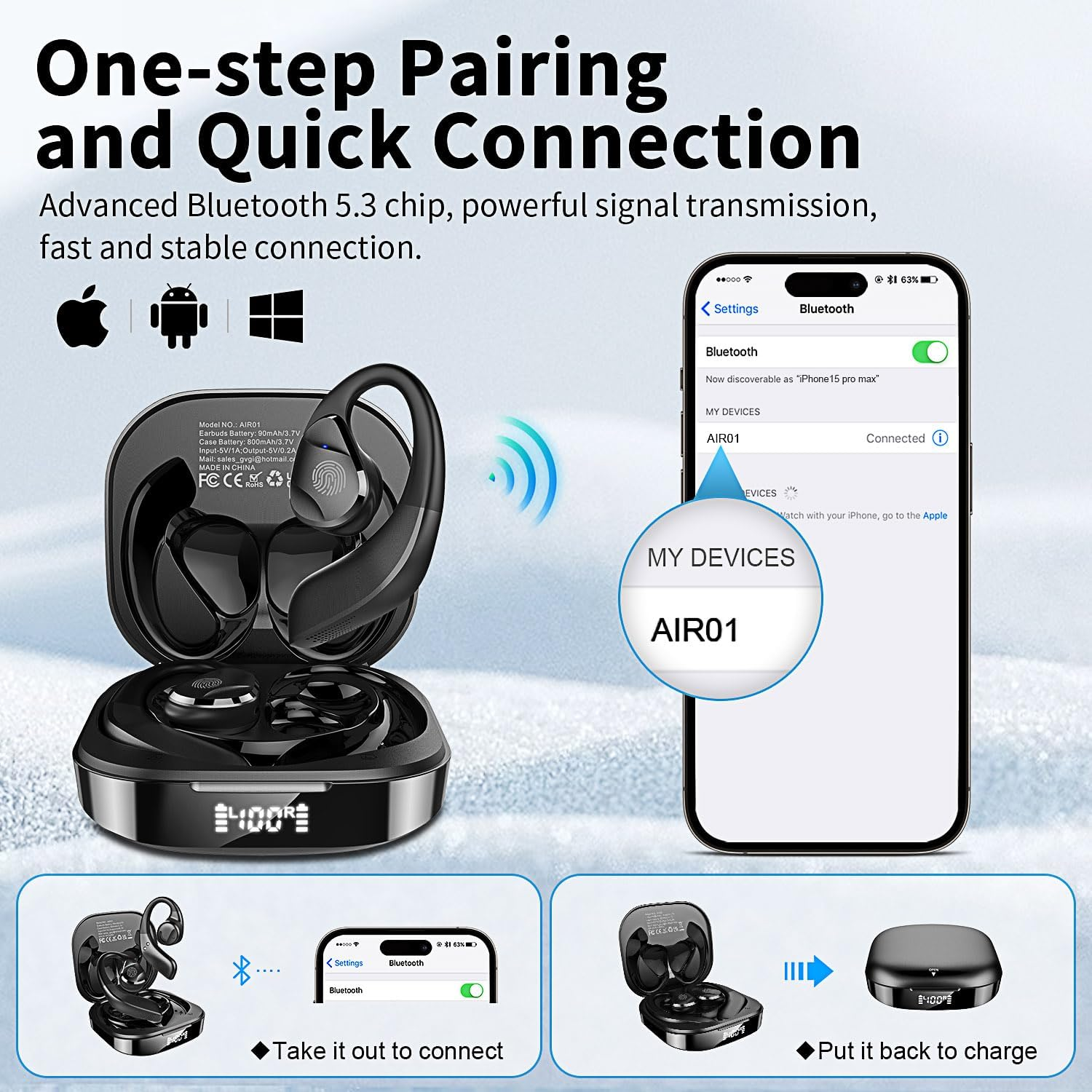 BANIGIPA Open Ear True Wireless Earbuds, Bluetooth 5.3 Headphones W/Immersive Premium Sound, IP54 Waterproof Open-Ear Earbud W/Dsp Noise Cancelling Mic for Sports Long-Lasting Comfort, 50H Playtime image number 5