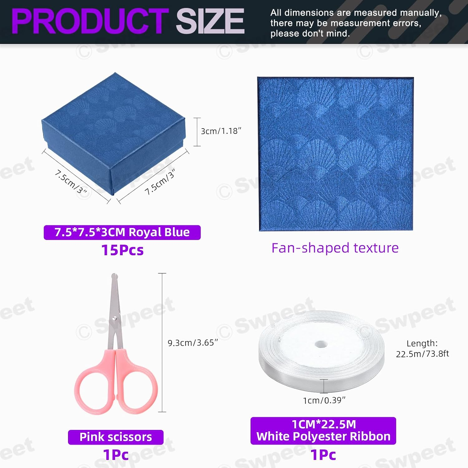 Swpeet 17Pcs 2.95 X 2.95 X 1.2Inch Sapphire Blue Fan Pattern Cardboard Jewelry Gift Boxes with Scissors and Polyester Ribbon Assortment Kit, Necklace Earring Bracelet Boxes Gift Case for Jewelry - Black image number 5