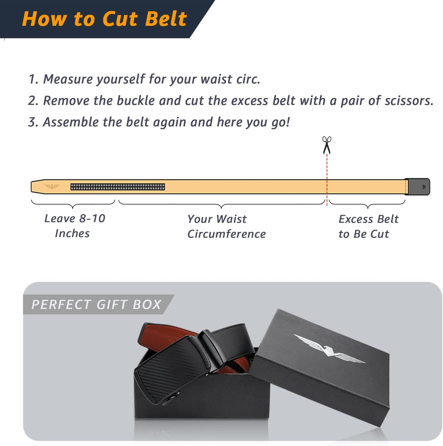 Hihawk Men'S Ratchet Belt with Slide Buckle, Genuine Leather Adjustable Click Belt, Trim to Fit, 26 Inch to 45 Inch image number 6