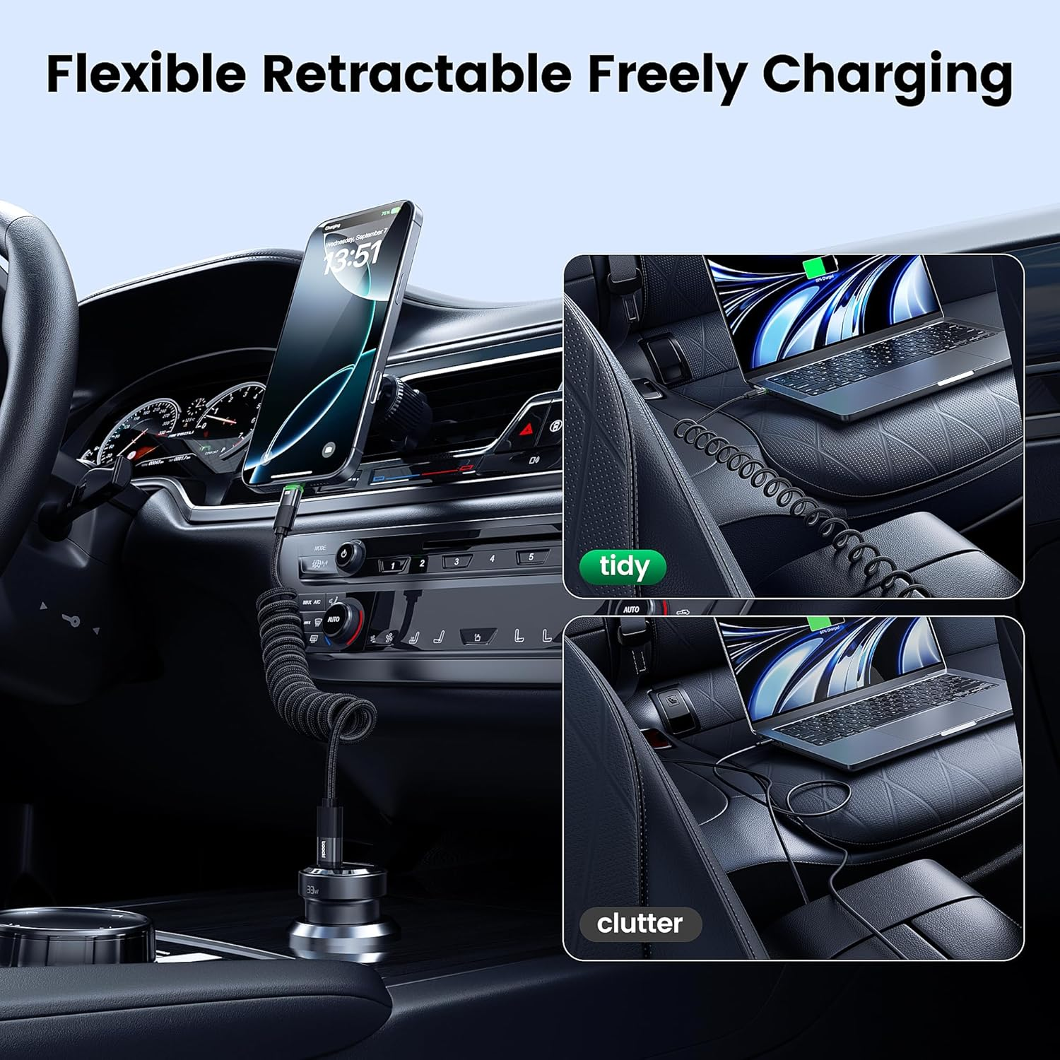 Toocki 100W USB C Coiled Cable, 2Pack 1.2M Type C Coiled Cable with Data Sync LED Indicator for Carplay, Compatible with Iphone 17 16 15 Pro plus Max Air, Ipad, Macbook Pro,Galaxy S25/S24 image number 1