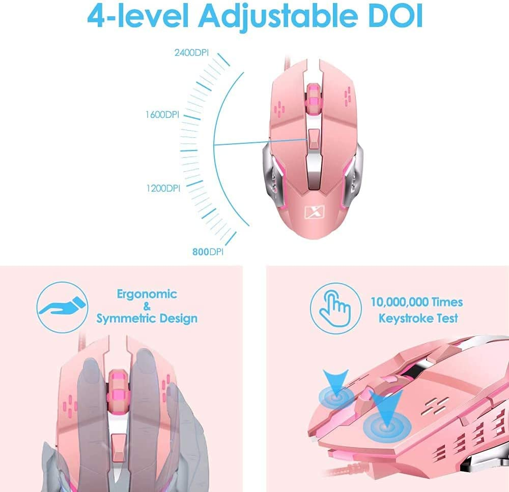 Gaming Keyboard and Mouse,Retro Steampunk Vintage Typewriter-Style Mechanical Keyboard with White LED Backlit,104-Key Anti-Ghosting Blue Switch Wired USB Metal Panel round Keycaps(Pink) - Black/White image number 6