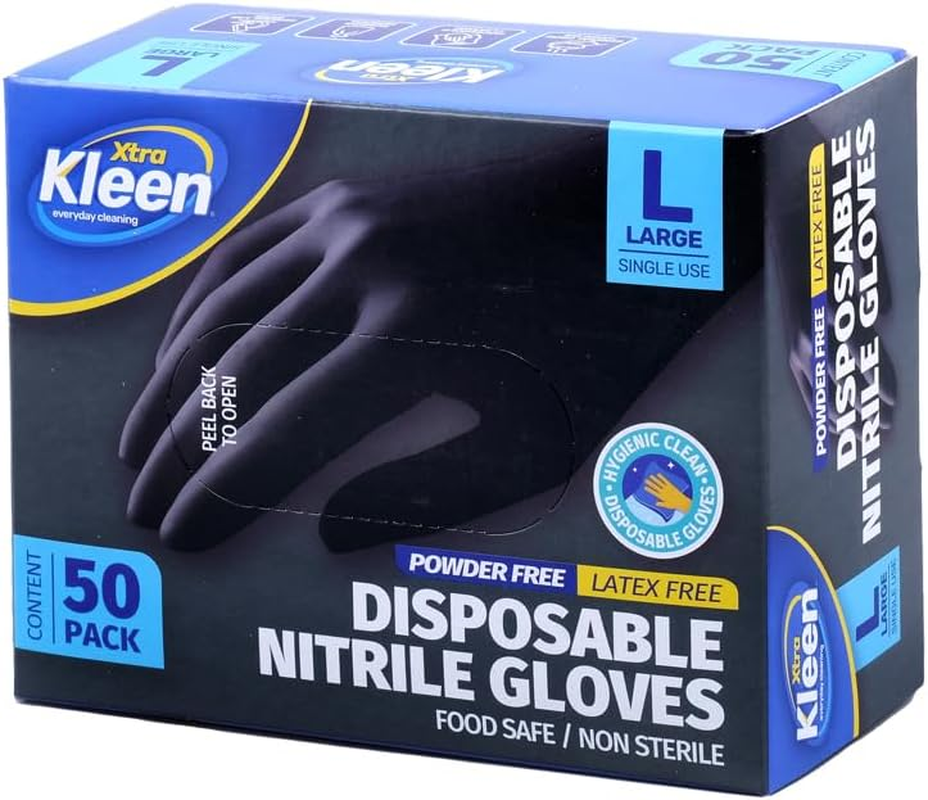 Xtra Kleen Nitrile Powder Free Disposable Gloves, Black, Large (Pack of 50)