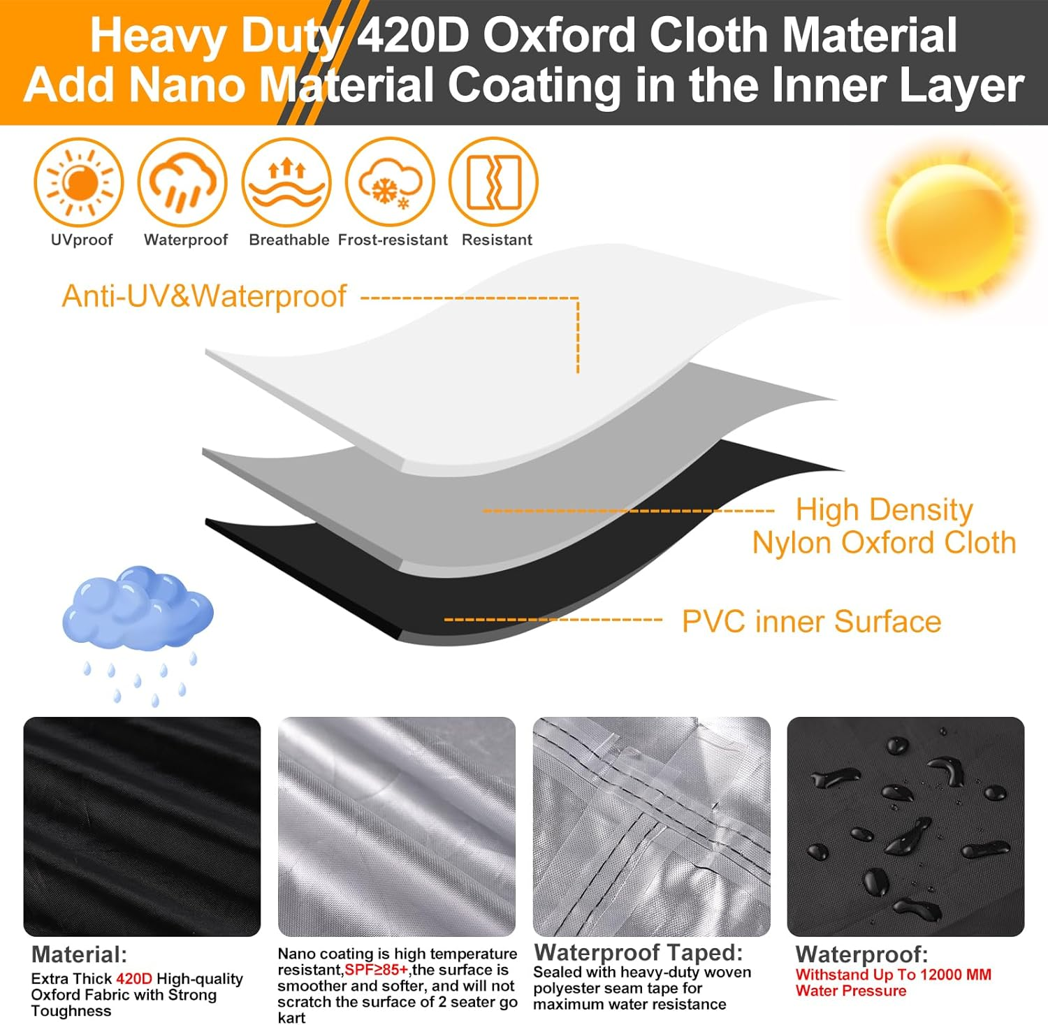 Large Go Kart Covers Waterproof,Heavy Duty 420D 2 Seater Go Kart Cover,Go Kart Accessories with Air Vent,4 Reflective Handles,2 Windproof Buckles,Protective Gokart Car Cover for Coleman Kt196,Segway image number 5