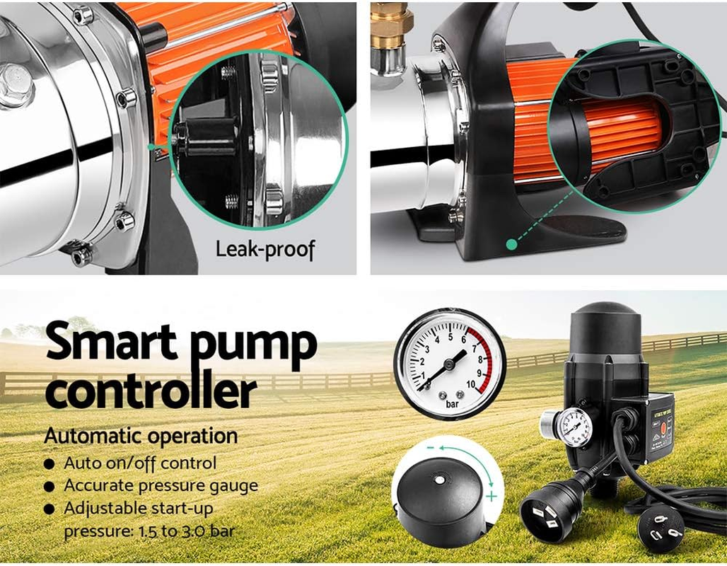 Giantz Water Pump, 2500W Electric High Pressure Garden Pumps Controller Irrigation for Pool Pond Tank Home Farm, Portable Automatic Switch Anti-Rust Stainless Steel Body Yellow Black