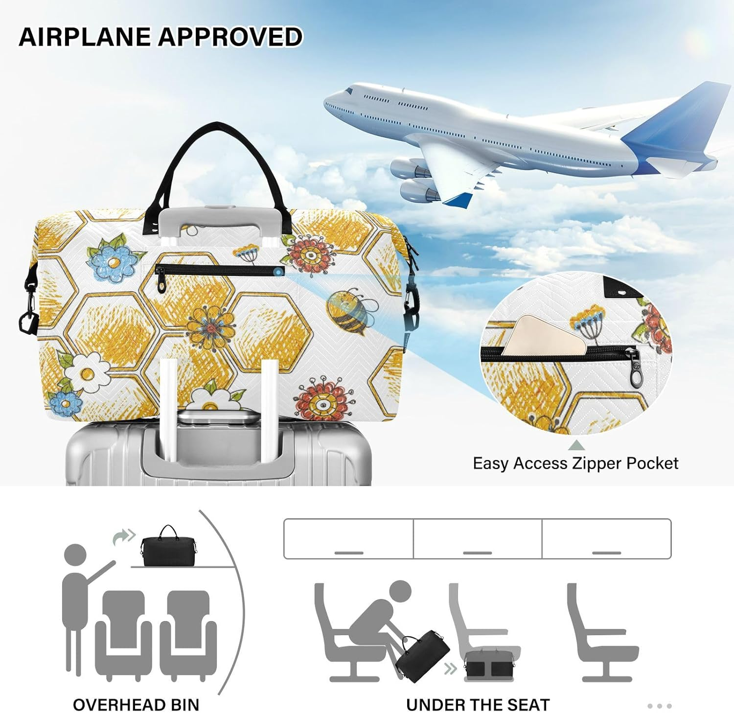 Luggage Travel Bag Weekender Duffel Bag Bees Happy Good Luck and Floral Honeycomb Flower Sports Gym Tote Bag With, Bees Happy Good Luck and Floral Honeycomb Flower, Set of 2, Art Deco