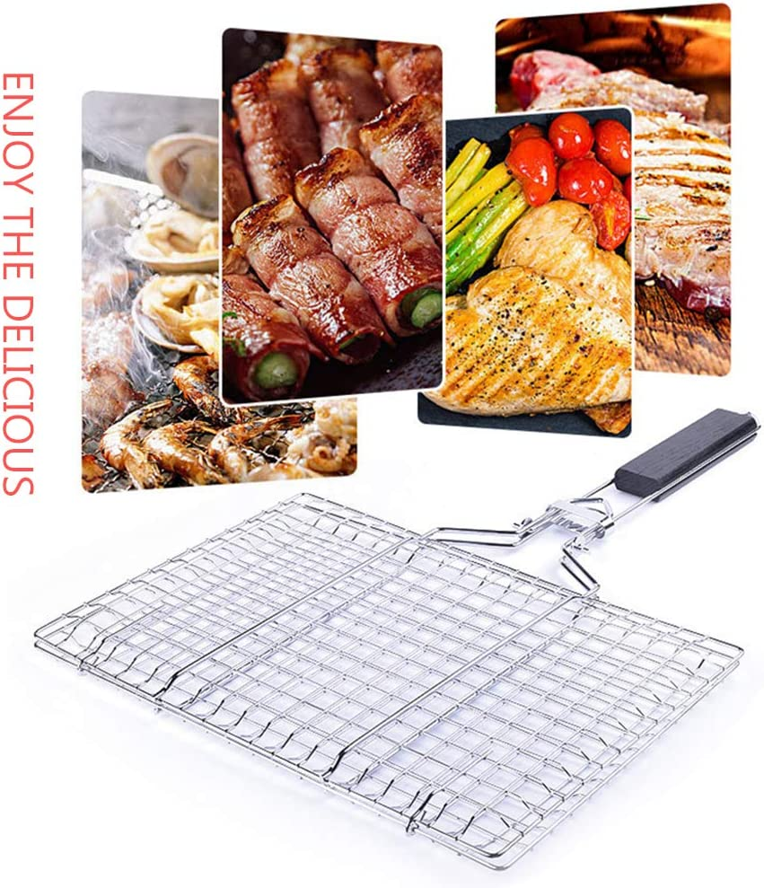 Barbecue Grill Basket, Foldable Non Stick Stainless Steel Wire Mesh Net Clip, Portable BBQ Grill Tool with Handle for Fish Vegetables Meat Steak Shrimp Chops image number 6
