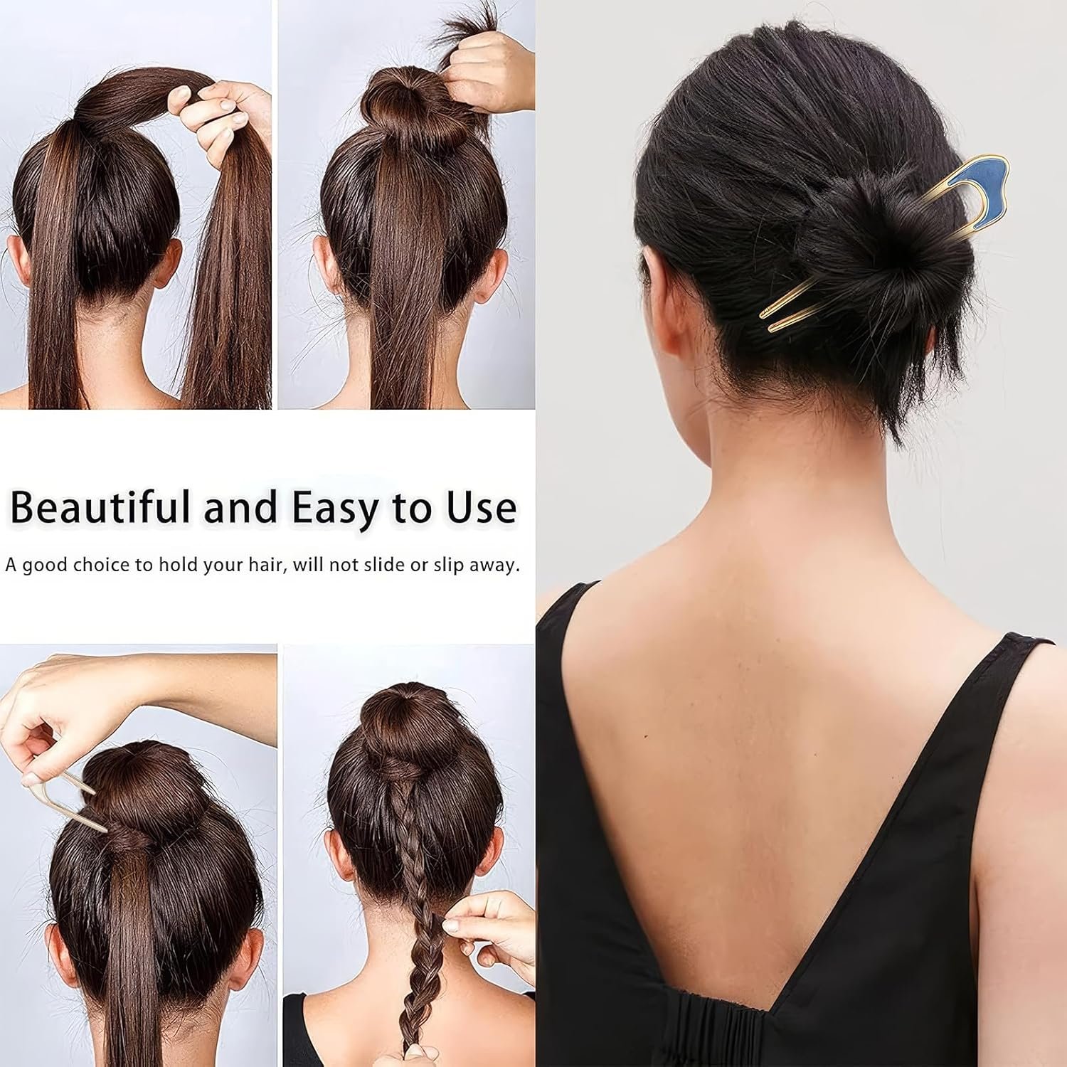 4 Pieces U-Shaped Hair Pins Hairpin Stick French Style U-Shaped Hair Clips U-Shaped Headdress Hairpins Fork for Women Girls Hair Styling Accessories - 4 Types