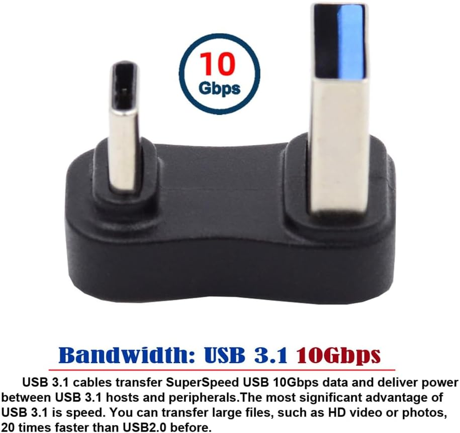 NFHK USB3.0 Type a Male to USB 3.1 Type C Male Data 10Gbps up opposite U Shape Back Angled Charge Adapter 90 Degree for Laptop Phone image number 3
