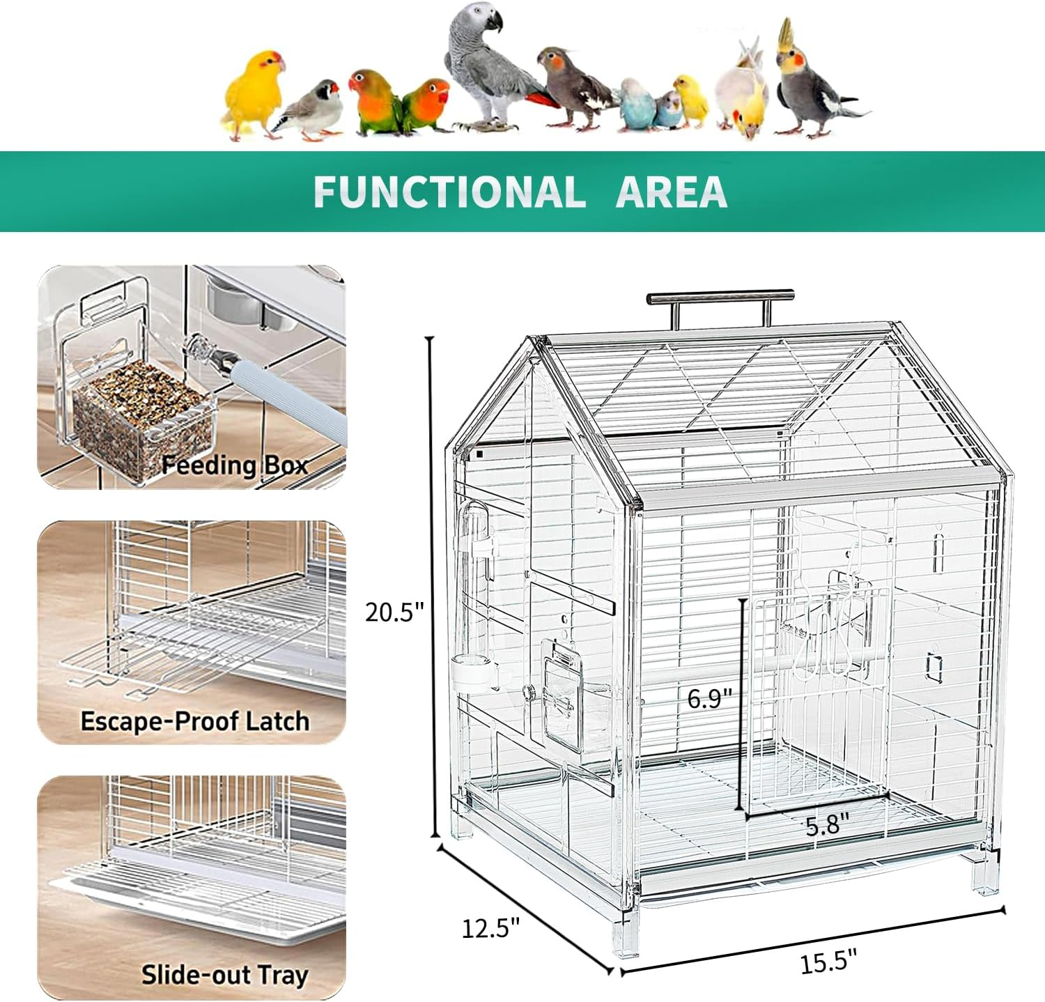 Birdcages 20.5 Inch Small Bird Cage, Parrot Cage, Portable Bird Carrier, Travel Carrier Cage for Home, Outing, Pet Clinic, Temporary Placement, for Small Medium Birds(White) image number 2