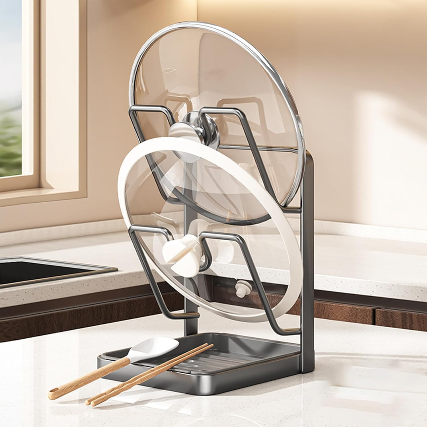 Kitchen Pot Lid Storage Rack, Pot Lid Holder with Tray, Lid Holder While Cooking, Lid and Spoon Rest, Multifunctional Kitchen Organizer Stand for Stove Top image number 5