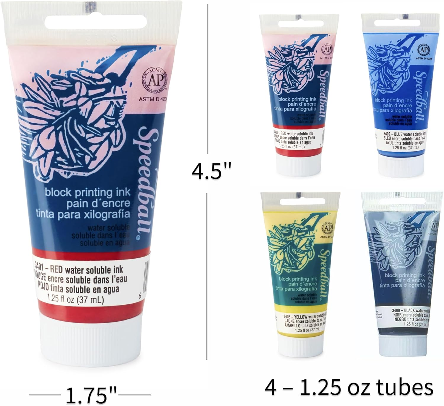 Speedball Block Printing Ink 4-Pieces Set, Multicolour - Quality Inks for Stunning Prints, Easy to Use, Water-Soluble - Ideal for Various Surface Artwork Creation