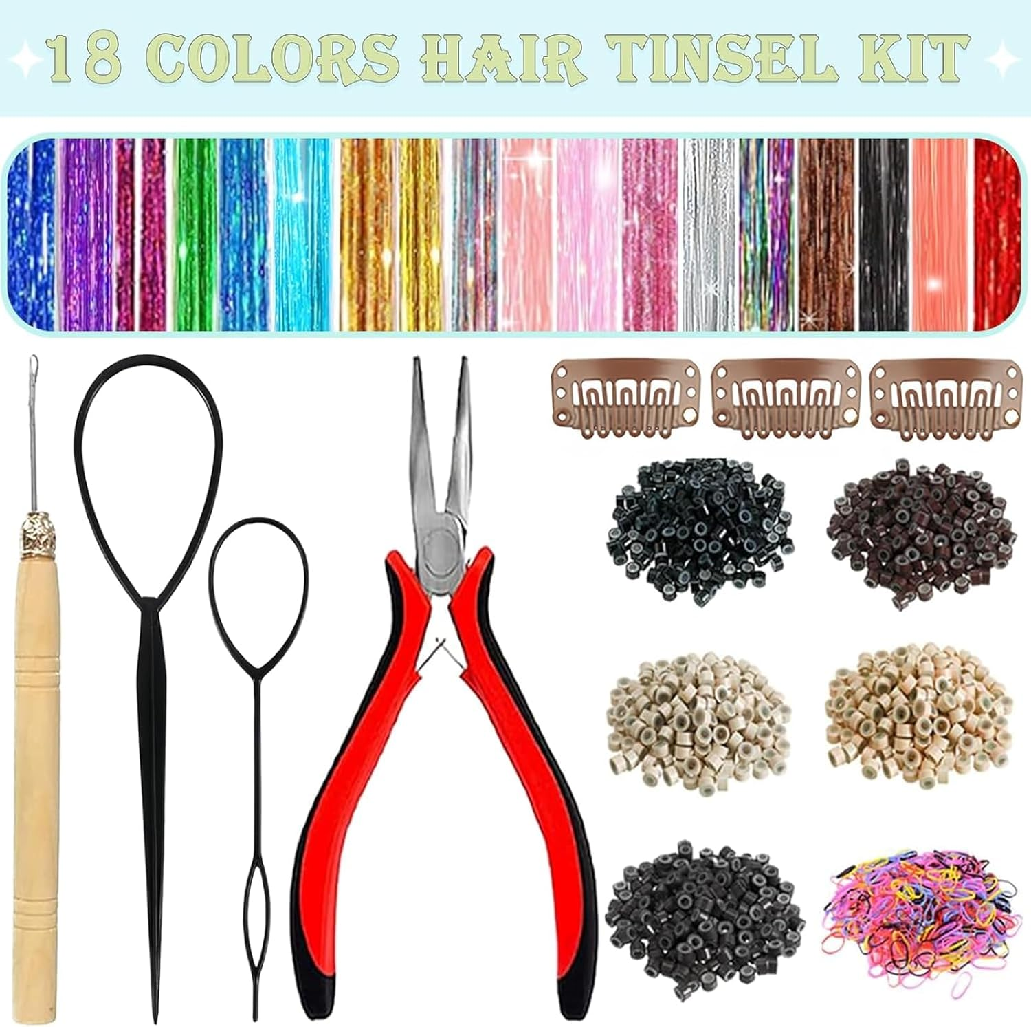 Weidllys Hair Tinsel,18 Colors Hair Tinsel Kit for Girls 7600 Strands Fairy Tinsel Hair Extensions Holographic Hair Tinsel Heat Resistant Colored Hair Glitter Christmas Party Festival (18 Colors) image number 1