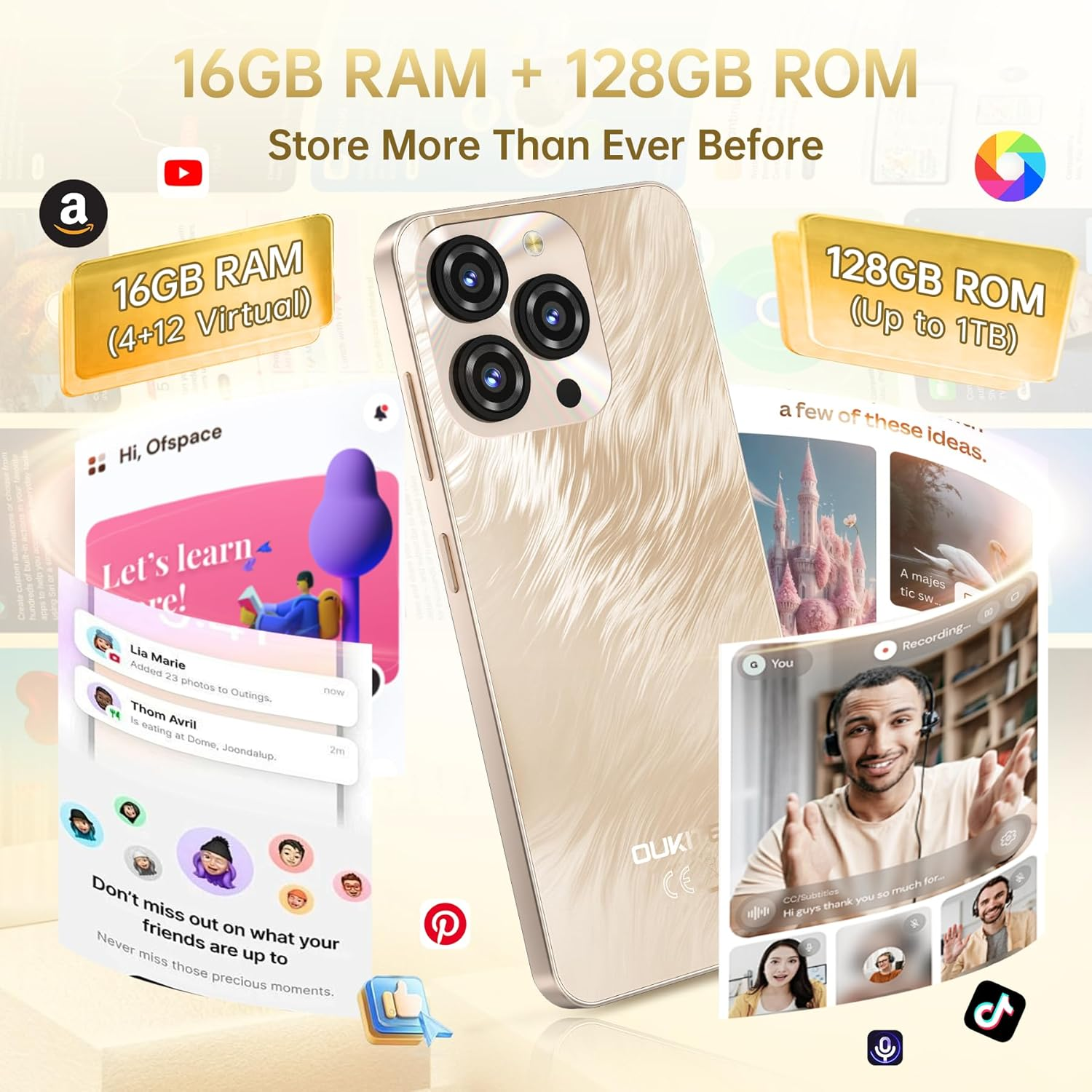 OUKITEL C3 Cell Phone Unlocked 2025-16GB RAM+128GB/TF 1TB ROM Smartphone, 5000Mah Battery, 6.52'' Waterdrop Screen, 13MP+5MP Camera, 4G Dual SIM Android Phone, Face Id/3.5Mm Jack/Gps/Bt5.0, Pink image number 4