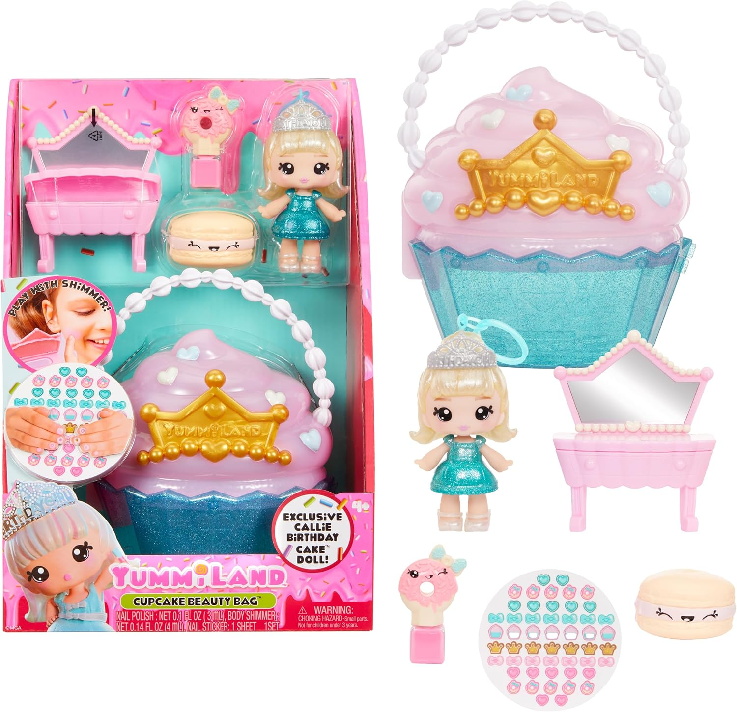 Yummiland Beauty Bag Playset + Lip Gloss Doll - Cupcake Bag Includes Exclusive Callie Birthday Cake, Nail Polish + Nail Stickers, Body Shimmer, Doll Playset, Cosmetic Play 4+ - Ice Cream Bag image number 4