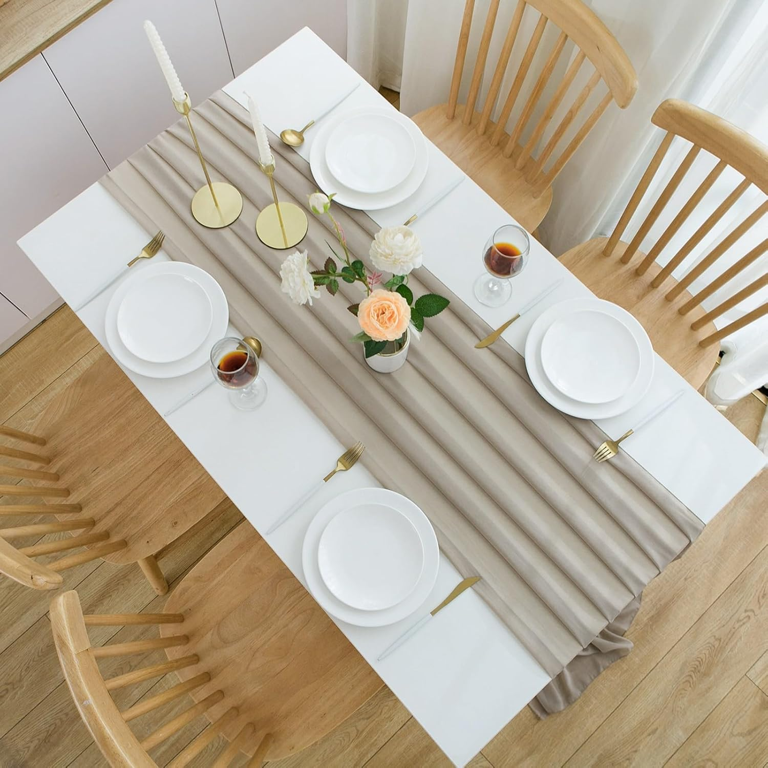 CHUQING Table Runner Wedding Tablecloth Romantic Sheer Table Runners for Bridal Shower Birthday Party Boho Table Decoration, 27X120 Inches,Light Brown - Black-22 image number 5