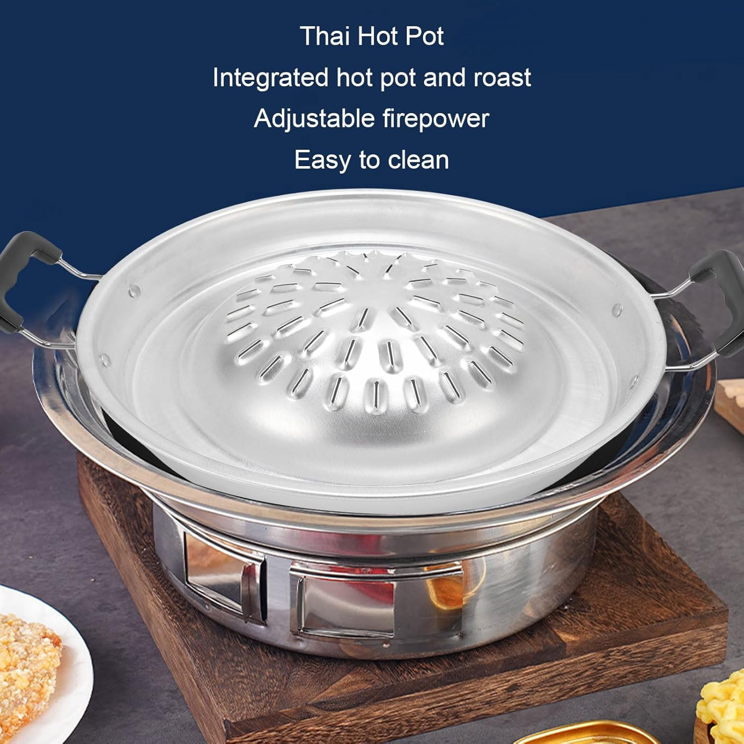 Thai Korean BBQ Grill Pan, 2 in 1 Aluminum Hot Pot Grill Charcoal Pan, Non Stick Thai Lao Korean BBQ Grill Topper, Barbecue Grill Plate for Shabu Vegetable Egg Pork (30Cm/11.81In Original Color) - 35Cm/13.78In Black image number 4
