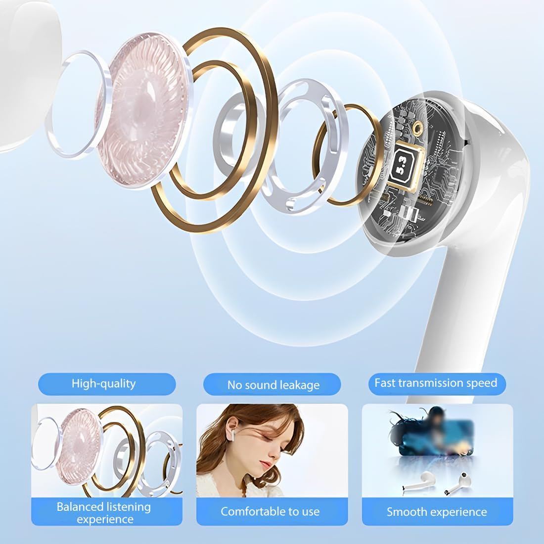 Tomedeks Earphones Bluetooth Headphones In-Ear Headphones with HD Microphone Wireless Bluetooth Stereo Sound Wireless Earbuds Waterproof image number 2